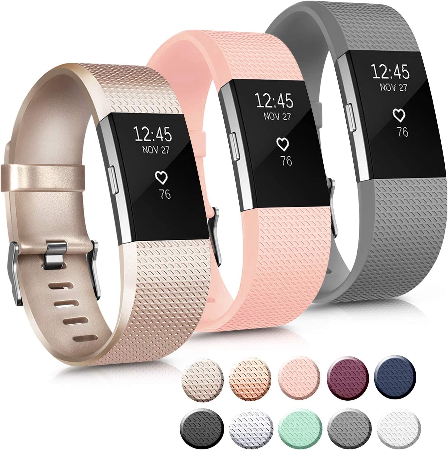 3 Pack Sport Bands Compatible with Fitbit Charge 2 Bands Women Men, Adjustable Replacement Strap Wristbands for Fitbit Charge 2 HR Small Large (Small, Black/Purple/Navy Blue)  Mugust Champagne Gold/Gray/Pink Small 
