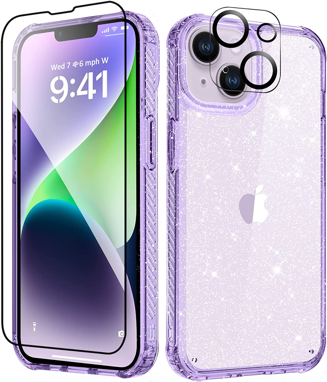 MIODIK Compatible with Iphone 14 Case with Screen Protector + Camera Lens Protector, [Anti-Yellow] Clear Floral Phone Case, Protective Shockproof Cover for Women Girls 6.1 Inch - Alyssum/White  MIODIK Purple  