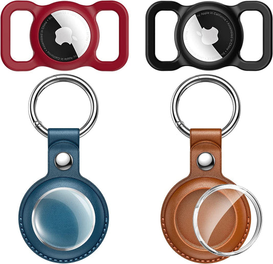 Airtag Holder, Airtag Dog Collar Holder, Airtag Case [4 Pack], Leyi PU Leather 360 Full Body Airtag Accessories + Soft Silicone Pet Loop for Apple Air Tag Holder Keychain Key Ring GPS Tracker, 4 Color  LeYi   