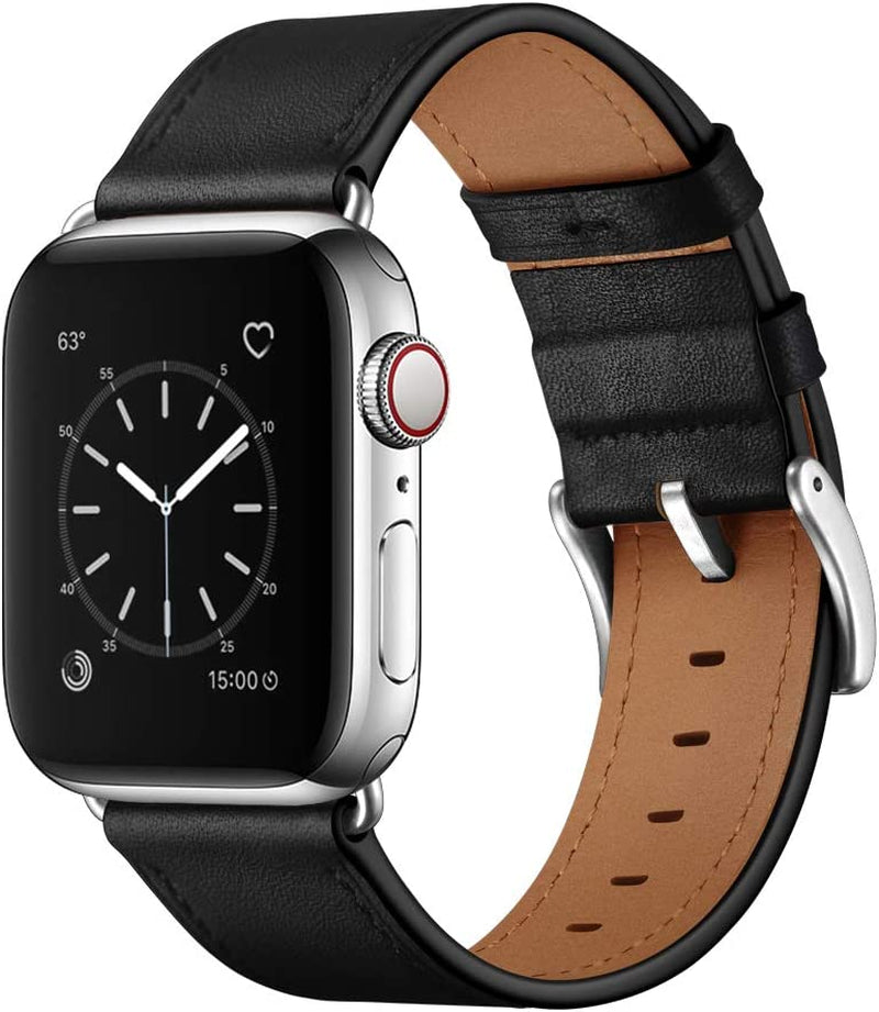 OUHENG Compatible with Apple Watch Band 49Mm 45Mm 44Mm 42Mm, Genuine Leather Band Replacement Strap Compatible with Apple Watch Ultra Series 8/7/6/5/4/3/2/1/SE/SE2, Black Band with Black Adapter  OUHENG Black/Silver 49mm/45mm/44mm/42mm 