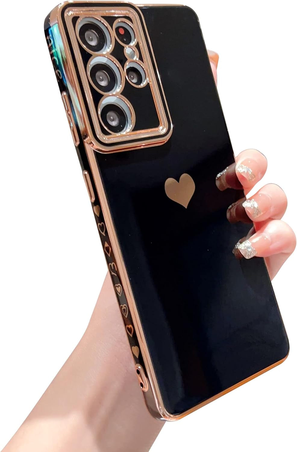 VANIPUFF Samsung Galaxy S21 Ultra 5G 6.8" Phone Case with Luxury Electroplate Cute Side Love Heart Cover Full Camera Protection Soft Silicone Anti-Fingerprint Shockproof Cover Bumper (Pink)  VANIPUFF\1 Black  