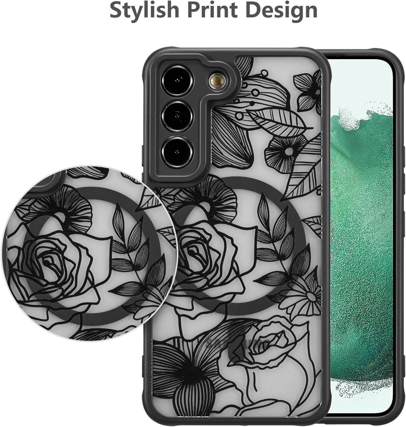 XIZYO Magnetic Case for Samsung Galaxy S22 plus Floral Rose Cute Phone Case [Compatible with Magsafe] for Women Girls Aesthetic Pattern Slim TPU Shockproof Bumper Case, Black  XIZYO   