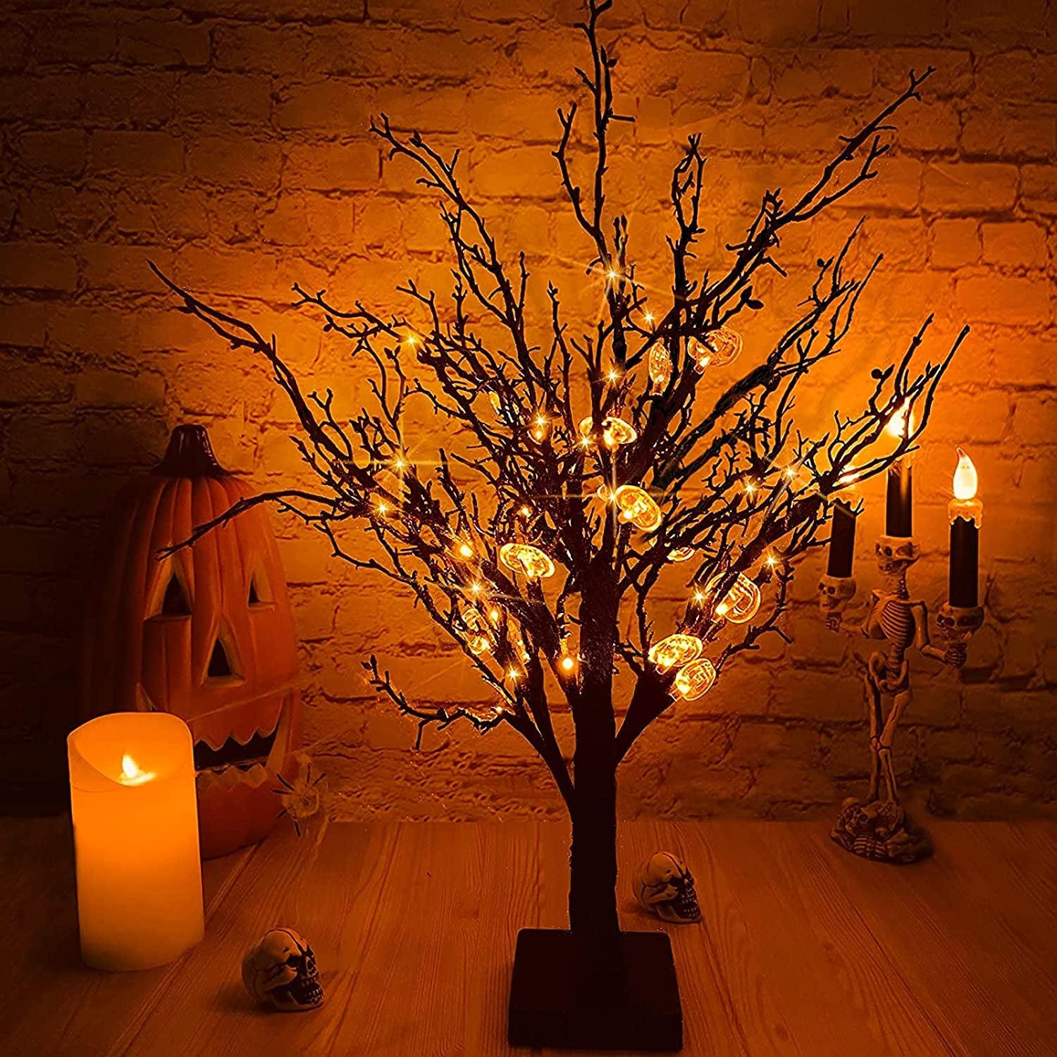 [ Timer ] 24”/ 2FT Prelit Halloween Trees Decorations with Timer 24 Orange LED 25 Pumpkin Battery Powered Halloween Black Spooky Tabletop Tree Scary Ornament Halloween Decoration Indoor Home Party  TURNMEON   