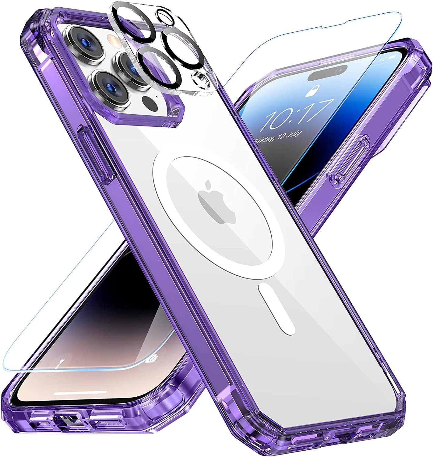 NULETO 【3 in 1】 for Iphone 14 Pro Max Case, Iphone 14 Pro Max Magsafe Case with 9H Tempered Glass Screen Protector & Camera Lens Protector Full-Body Protective Heacy Duty Shockproof Slim Thin - Clear  Nuleto Purple  
