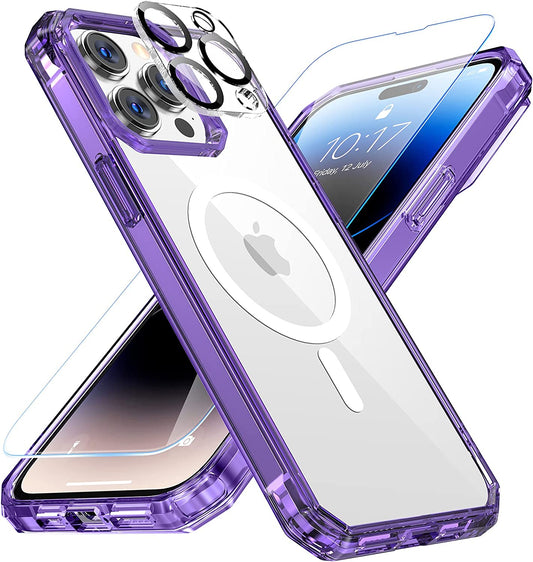 NULETO 【3 in 1】 Case for Iphone 14 Pro with Magsafe, Built-In with 9H Tempered Glass Screen Protector & Camera Lens Protector & Strong Magnetic Slim Thin Phone Cover for Iphone 14 Pro - Purple  Nuleto   