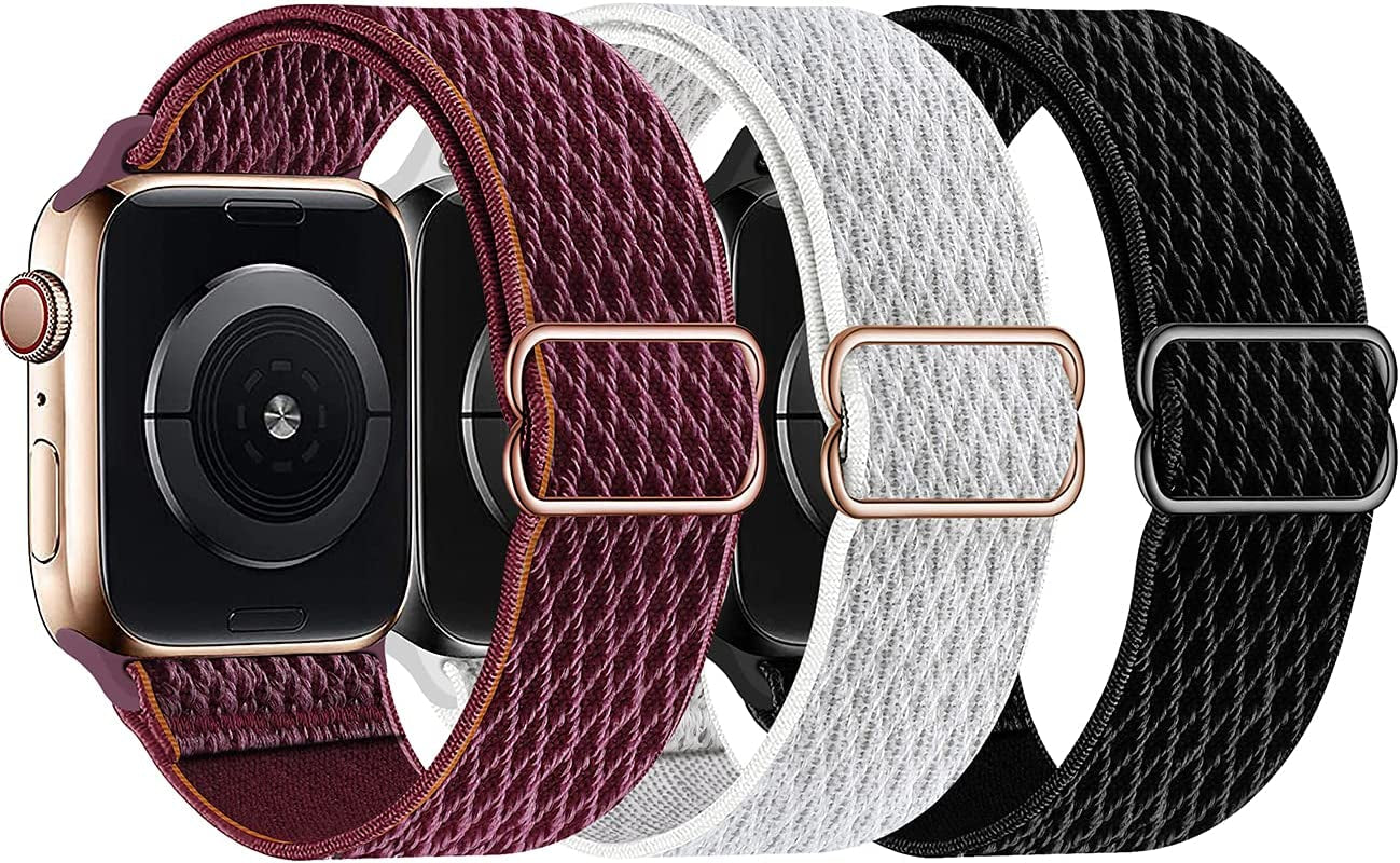 Swhatty Stretchy Nylon Solo Loop Bands Compatible with Apple Watch 41Mm 40Mm 38Mm, Adjustable Braided Sport Elastics Women Men Strap for Iwatch Series 8 7 6 5 4 3 2 1 SE (Black, Rose Pink, Cream)  Swhatty Black/Summit White/Plum 38mm/40mm/41mm 