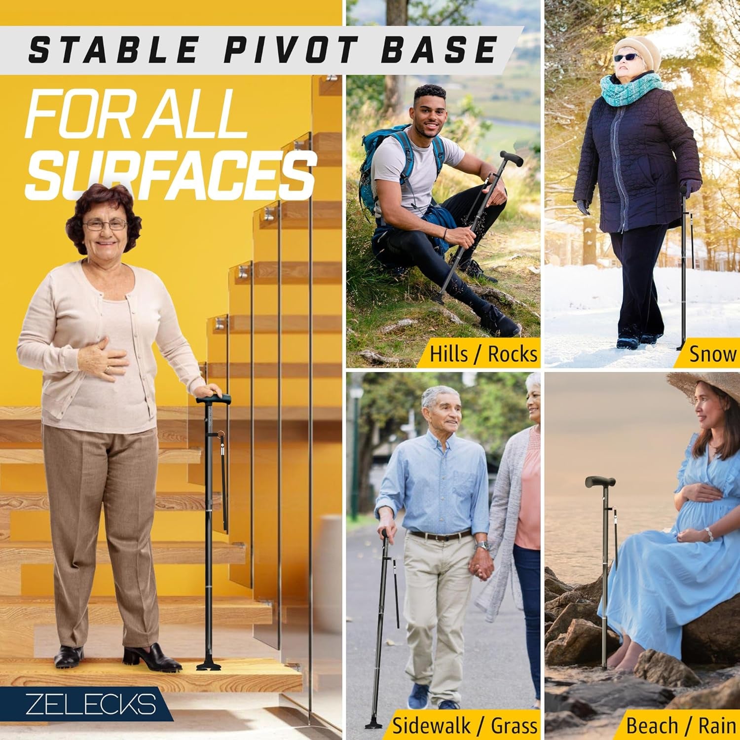 ZELECKS Walking Cane for Women & Men - Self Standing Adjustable Folding Cane with T Handle and 360 Pivot Base - Lightweight Foldable Walking Stick for Seniors - Collapsible Cane for Walking  ZELECKS   