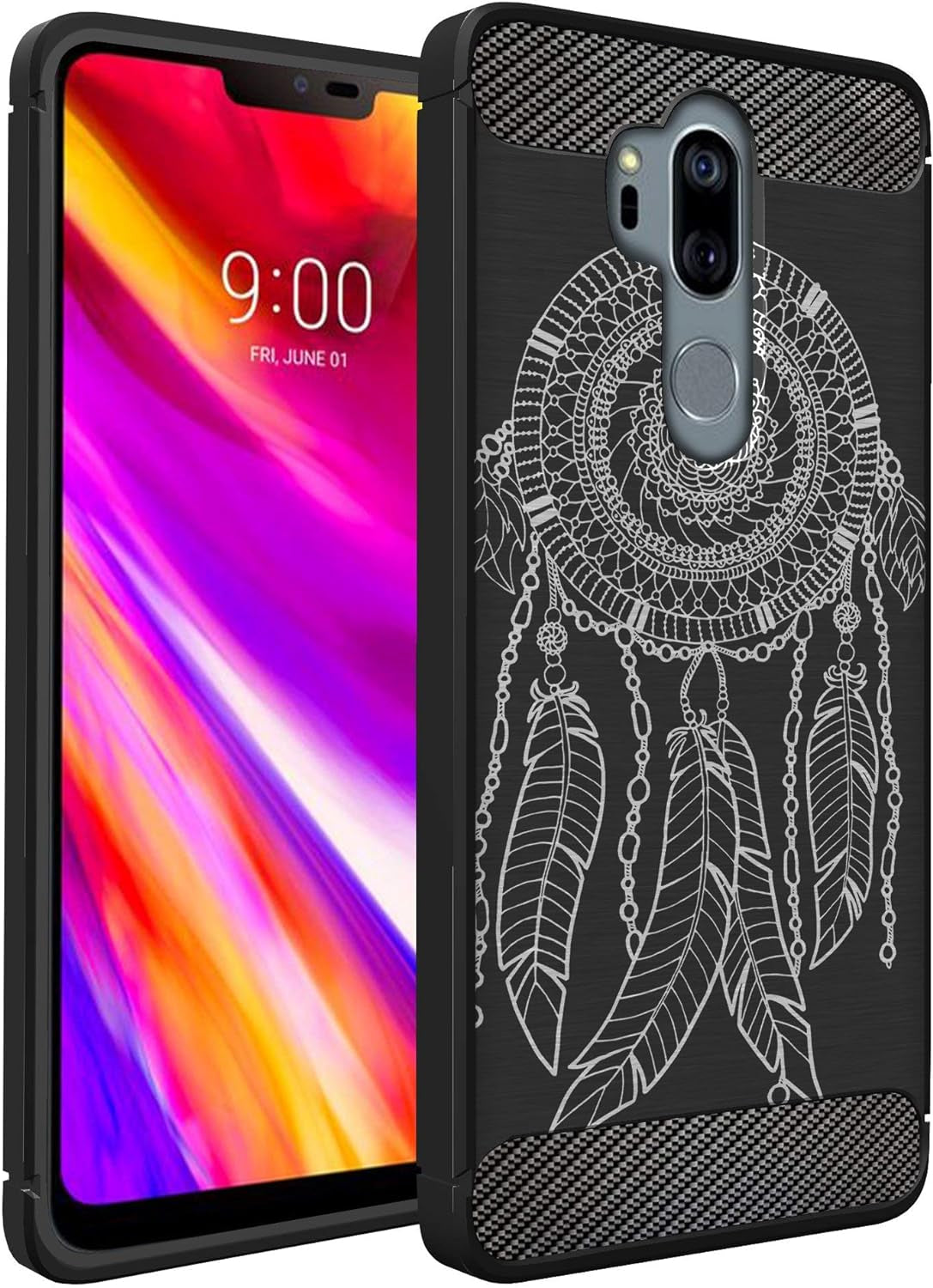 Casesondeck Case Compatible with [LG G7 / LG G7 Thinq] Tribal Floral Matte TPU Flexible Carbon Fiber Textured (Horse Tribal)  CasesonDeck Dreamcatcher  