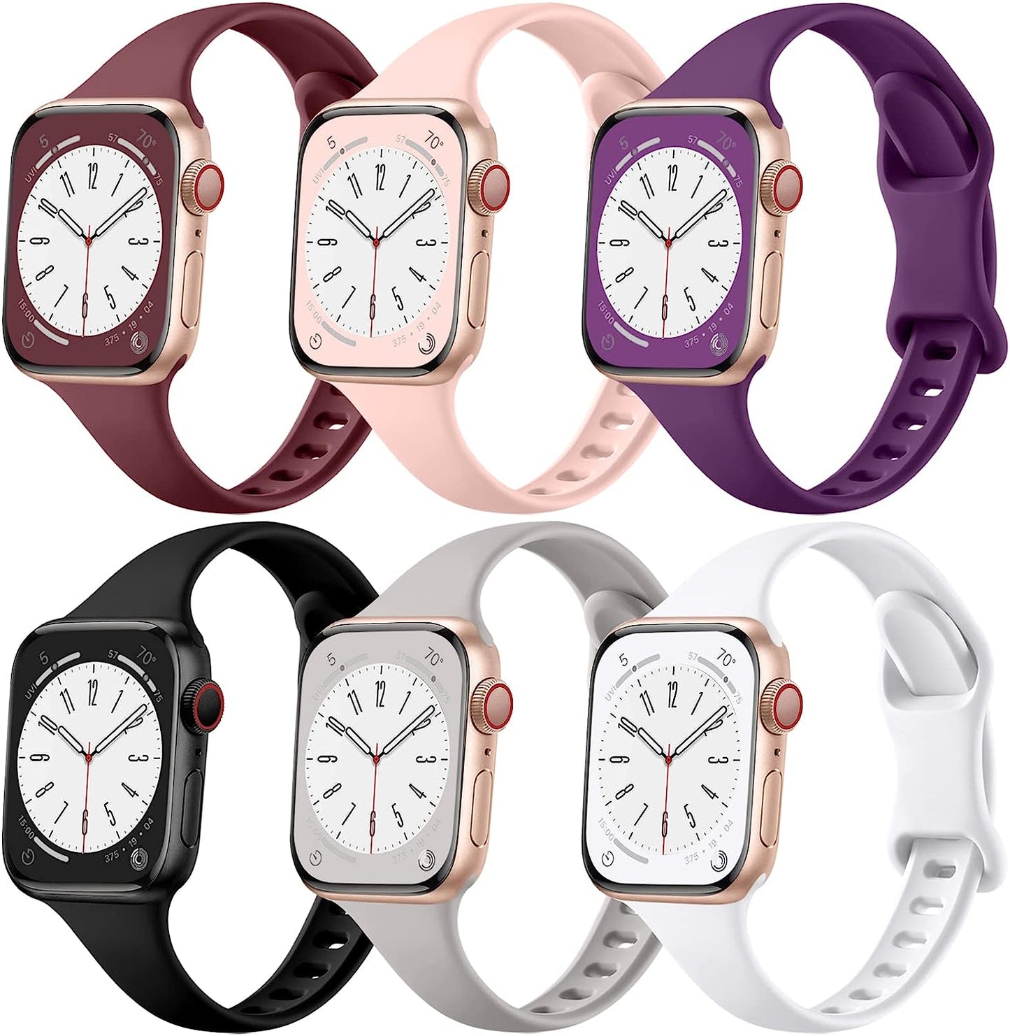 Lerobo 6 Pack Slim Bands Compatible with Apple Watch Band 40Mm 38Mm 44Mm 42Mm 41Mm 45Mm for Women Men, Soft Silicone Waterproof Sport Strap Replacement Wristbands for Iwatch Series 7 6 5 4 3 2 1 SE  Hina-US Black/ Sand Pink/ Dark Purple/ Light Gray/ Wine/ White 38mm/40mm/41mm 