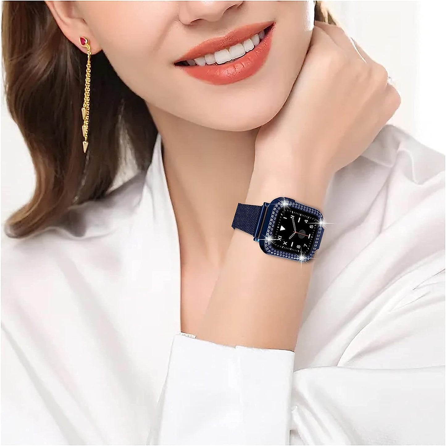 QVLANG Slim Watch Band Compatible with Apple Watch Band 38Mm 40Mm 42Mm 44Mm for Women Girls, Stainless Steel Metal Mesh Wristband & Bling Diamond Case for Iwatch SE Series 6/5/4/3/2/1 (Blue, 40Mm)  QVLANG   