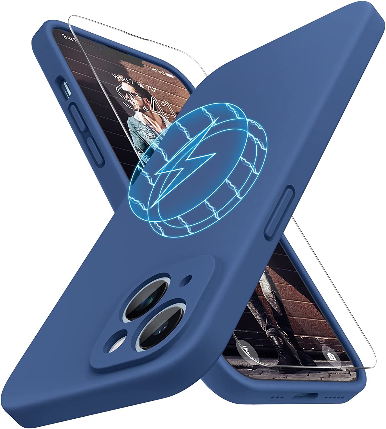 Miracase Magnetic Case Designed for Iphone 14 Case with Screen Protector,[Upgraded Enhanced Camera Protection],Shockproof Liquid Silicone Case 6.1 Inch,Azure Blue-Magnetic  Miracase Glass Blue-Magnetic  