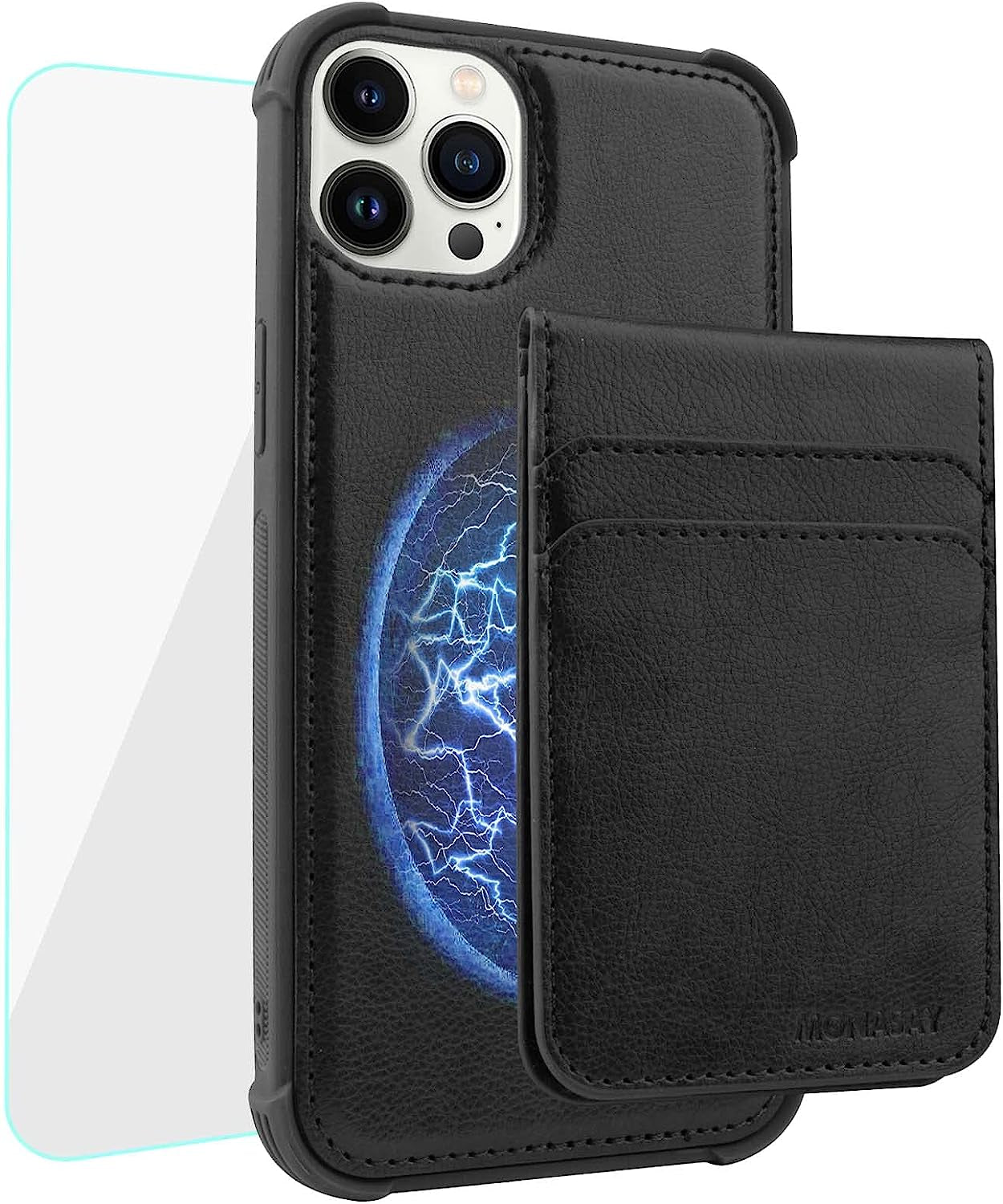 MONASAY Magwallet Case for Iphone 13 Pro Max,[Support Magsafe Wireless Charging][Glass Screen Protector] Flip Magnetic Leather Wallet Phone Cover with Detachable RFID Blocking Card Holder, Dark Green  MONASAY Black  