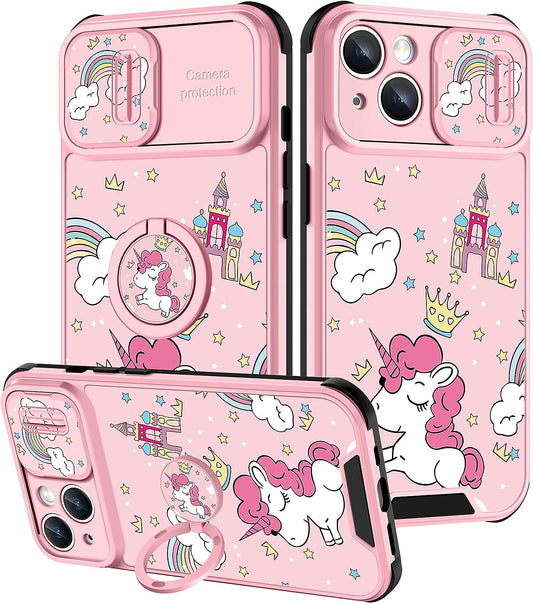 Goocrux (2In1 for Iphone 14 plus Case for Girls Women Kawaii Cartoon Girly Phone Cover Cute Unique Design with Slide Camera Cover+Ring Holder Pink Rainbow Cases for Iphone 14Plus 6.7 Inch  Goocrux   