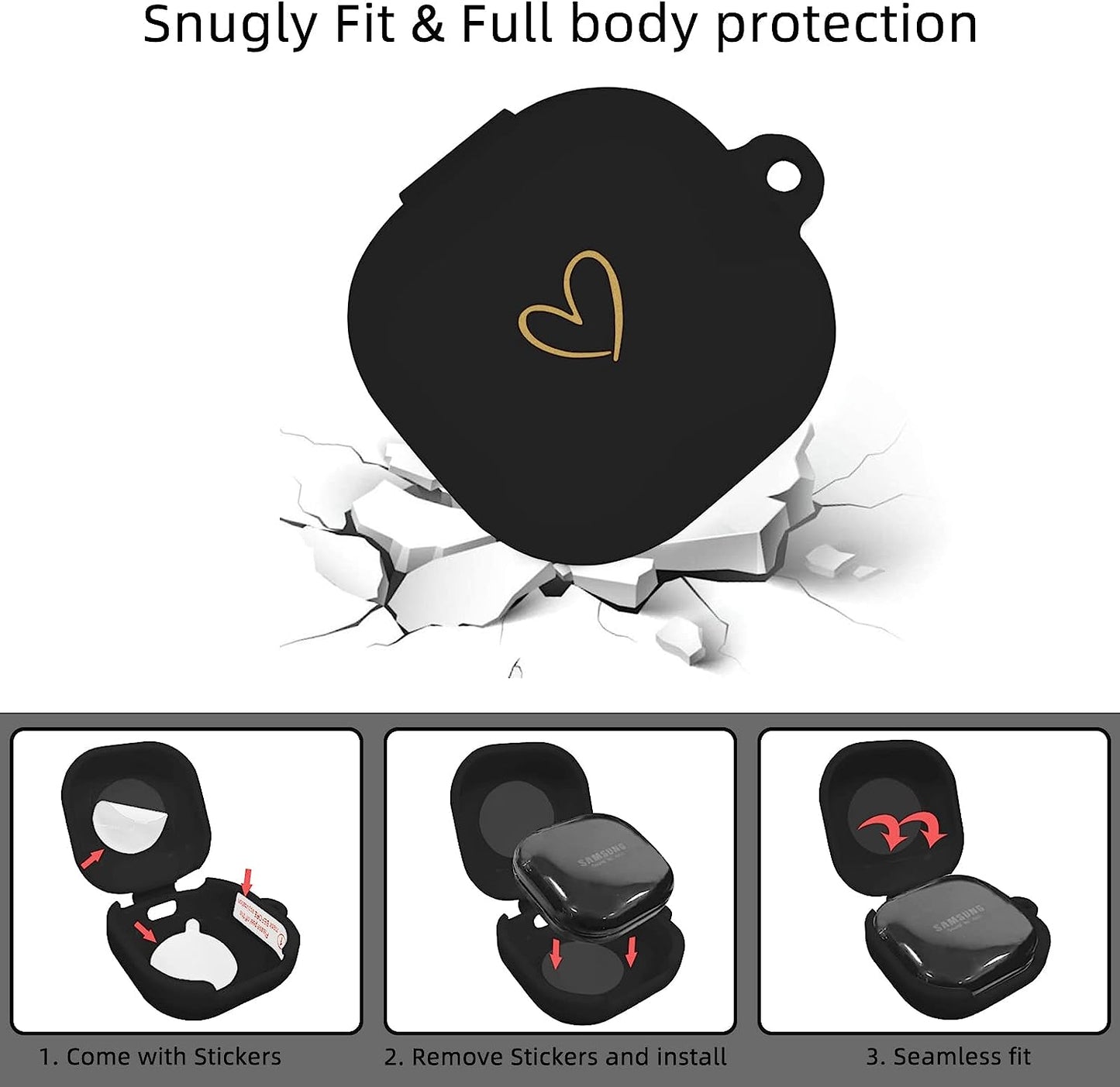 AIIEKZ Compatible with Samsung Galaxy Buds 2 / Buds Pro/Buds Live/Buds 2 Pro, Soft Silicone Case with Gold Heart Pattern with Cute Butterfly Keychain for Girls Women (Black)  AIIEKZ   