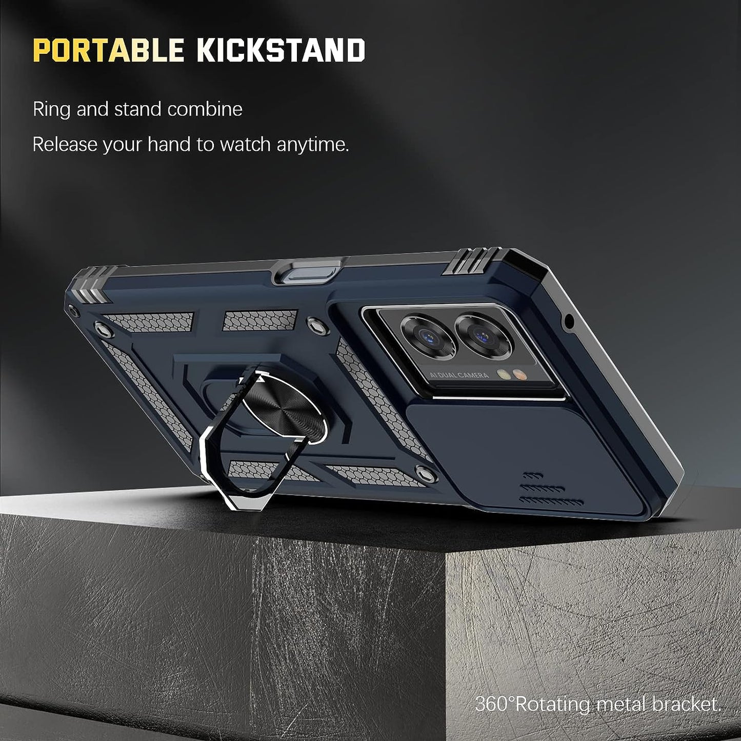 Oneplus Nord N300 5G Case + Tempered Glass Screen Protector with Kickstand & Slide Lens Protector Cover,Heavy Duty Armor Shockproof Rugged Military Grade Protective Case for Oneplus N300 5G (Navy)  Dretal   