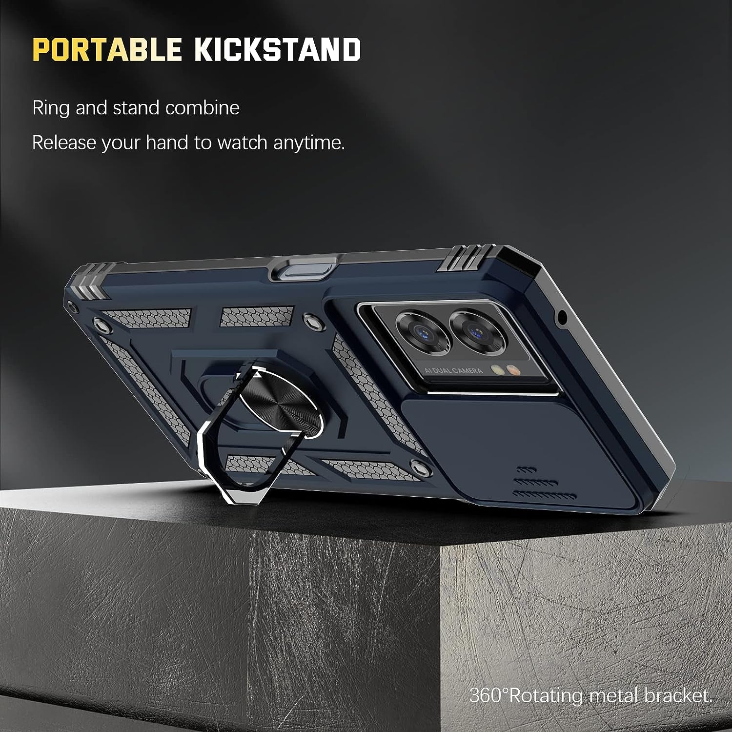 Oneplus Nord N300 5G Case + Tempered Glass Screen Protector with Kickstand & Slide Lens Protector Cover,Heavy Duty Armor Shockproof Rugged Military Grade Protective Case for Oneplus N300 5G (Navy)  Dretal   