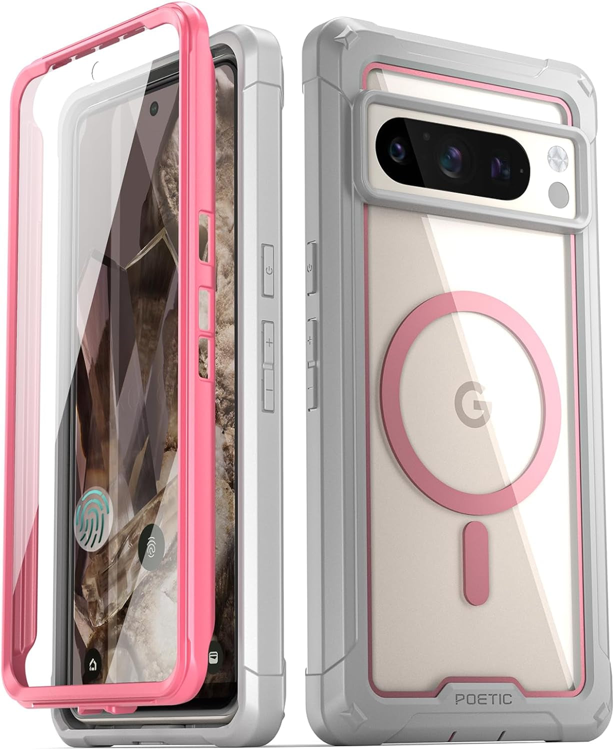 Poetic Guardian Magpro Case for Google Pixel 8 Pro, [Compatible with Magsafe][20Ft Mil-Grade Drop Tested], Built-In Screen Protector Work with Fingerprint Id,Full Body Hybrid Rugged Case, Black/Clear  Poetic Pink  