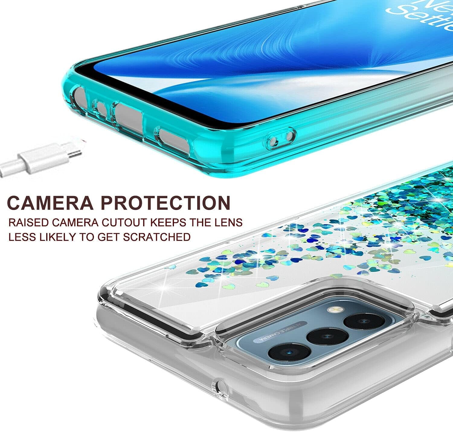 Case for Oneplus Nord N200 5G with Tempered Glass Screen Protector Sparkle Glitter Flowing Liquid Quicksand for Women Girls Cute Phone Case Cover - Aqua/Clear  Galaxy Wireless   