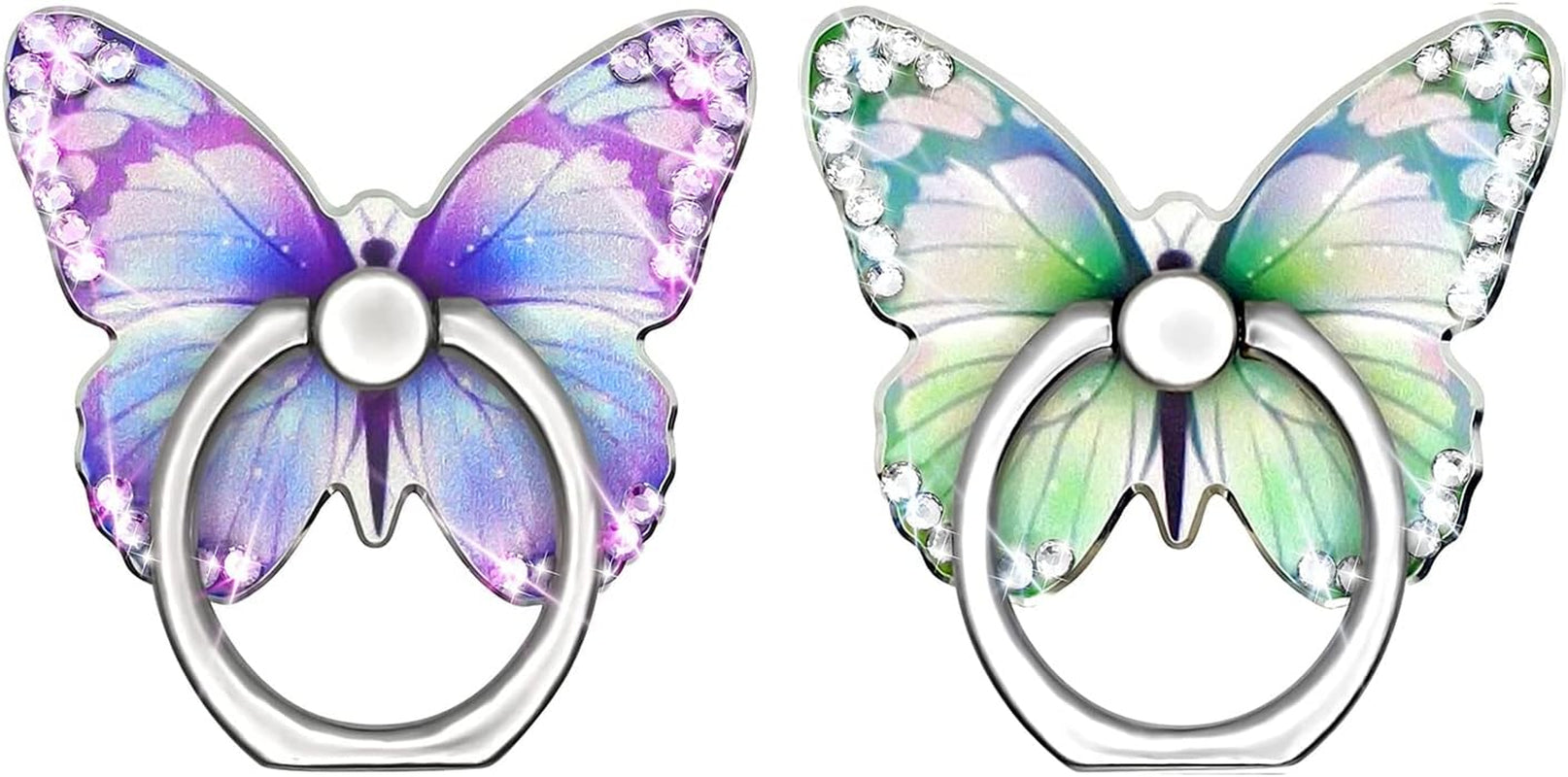 Bling Cute Butterfly Cell Phone Ring Holder with Crystal Rhinestone 360°Rotation Metal Finger Stand Kickstand Universal Compatible with Iphone Samsung Galaxy LG Google Ipad 2 Pack（Purple & Pink）  Walaivgne purple+green  