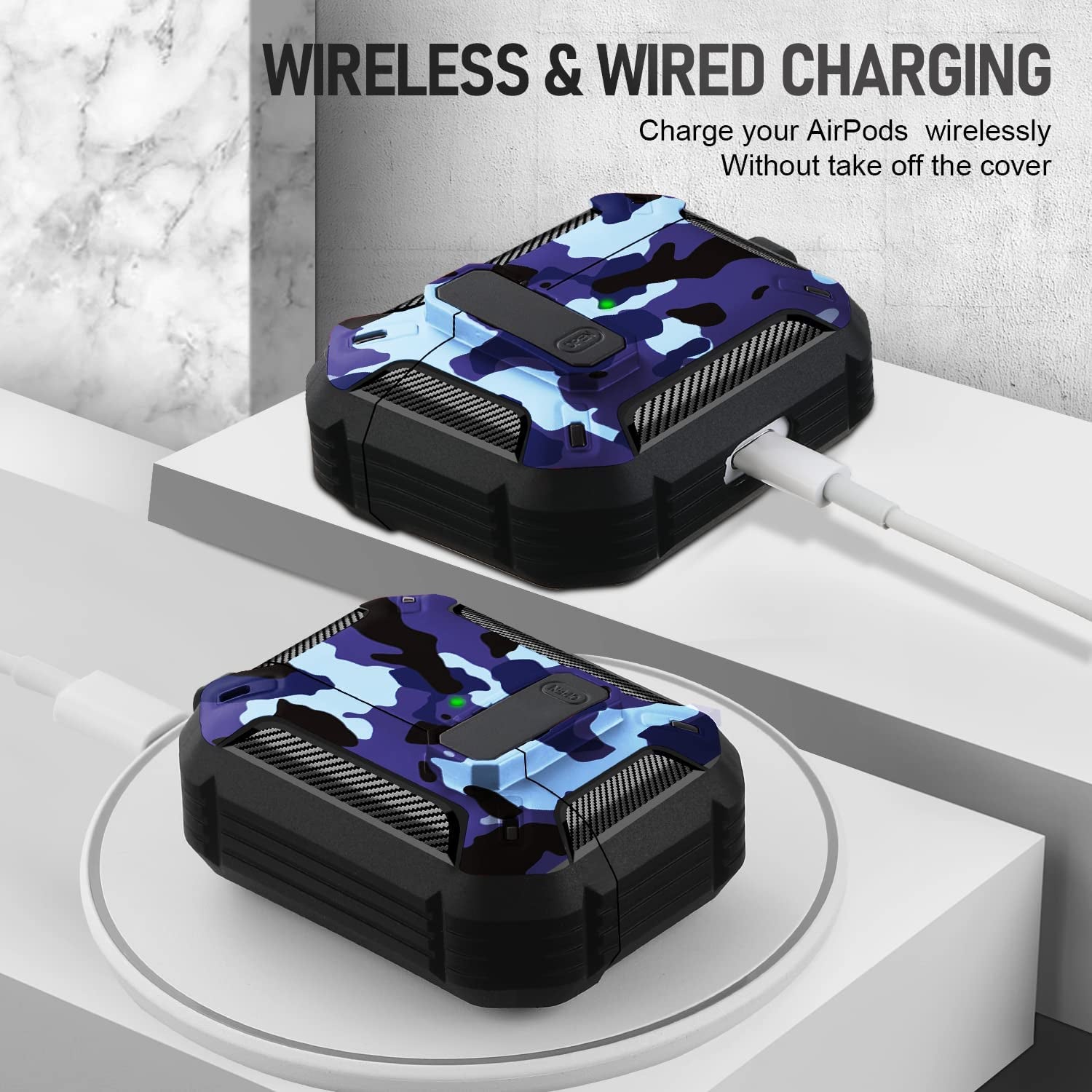 Youskin Airpod Pro Case Secure Lock Clip Case,Carbon Fiber Military Armor Series Full-Body Rugged Hard Shell Airpod Pro Case for Men Women with Keychain，Blue Camo  Youskin   