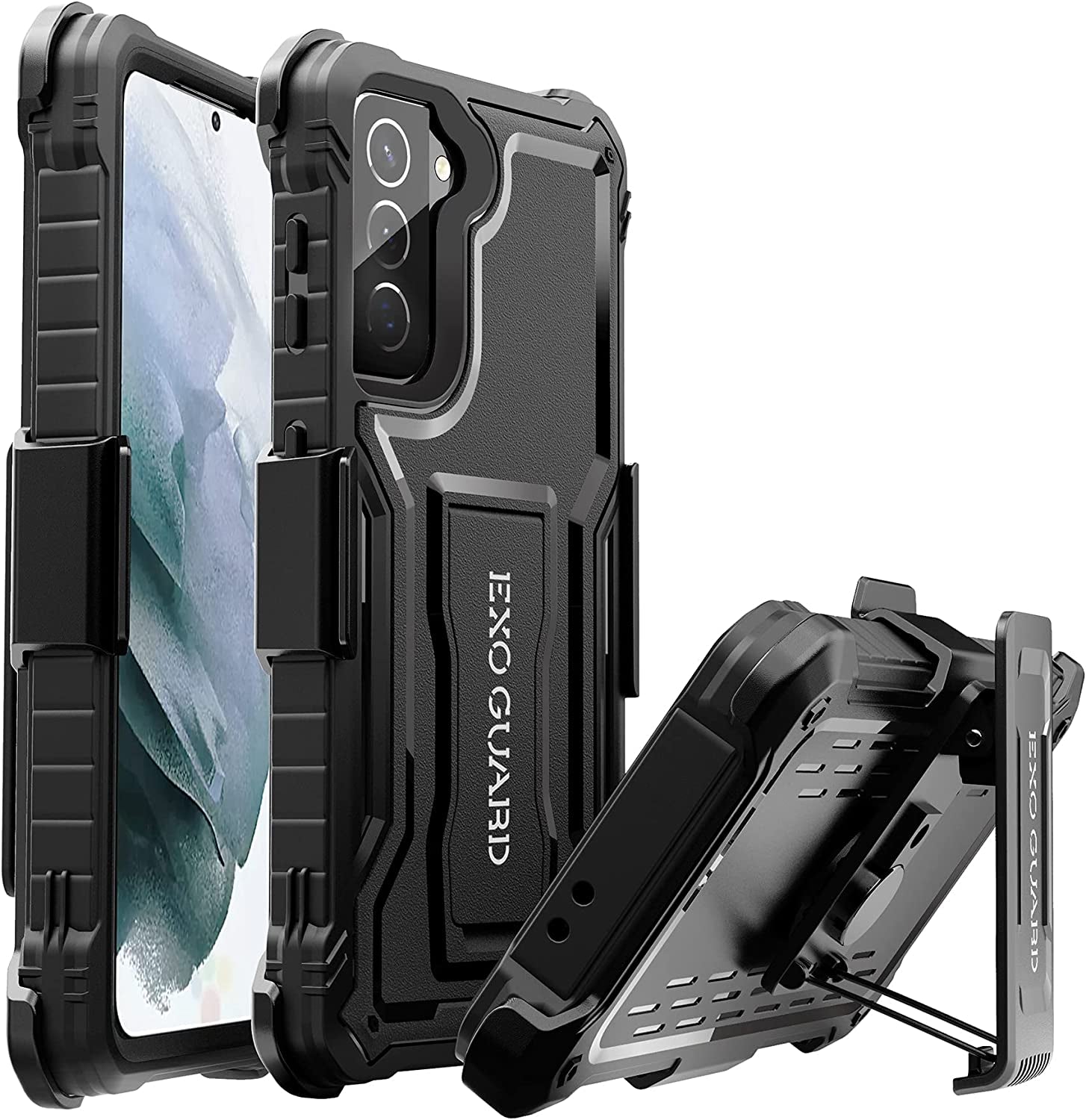 Exoguard Samsung Galaxy S21 plus 5G Case, Rubber Shockproof Full Body Cover Case for Samsung S21 plus Phone 6.7 Inch, Built-In Kickstand (Red)  ExoGuard Belt Clip  