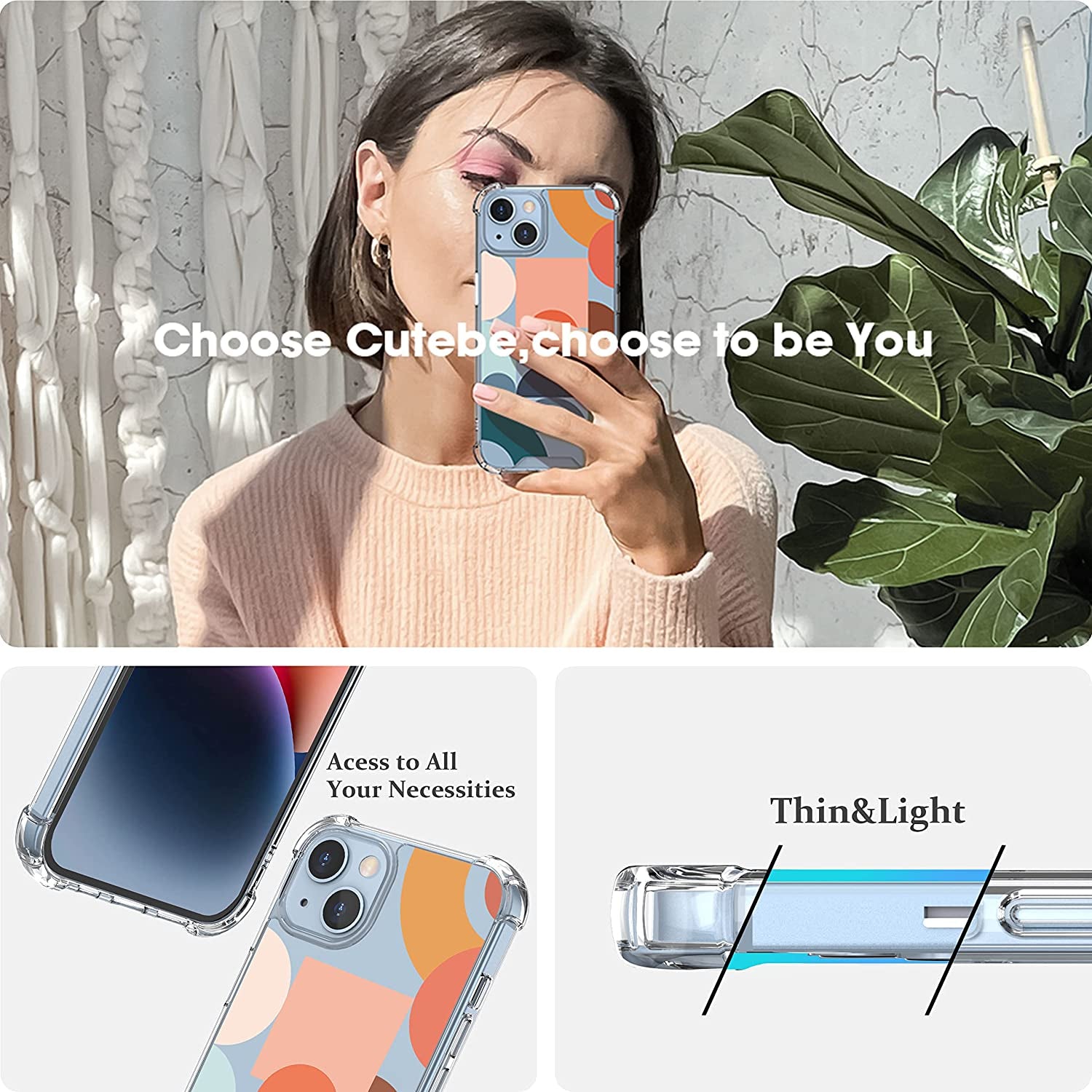 Cutebe [3 in 1 Crystal Phone Case for Iphone 13(2021)/Iphone 14(2022) 6.1", Cute Protective Cover with 9H Temper Glass Screen Protector + HD Temper Camera Lens Protector for Women, Girls  Cutebe   