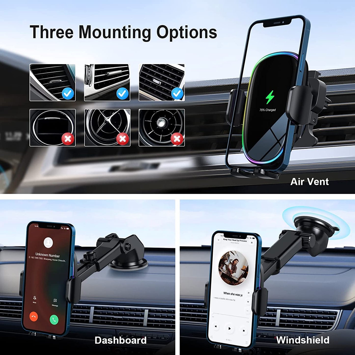 Wireless Car Charger Mount, SOARUN [Unique 7 Colors LED Dynamic Backlit] 15W Wireless Fast Charging Car Phone Holder, Auto-Clamping Wireless Car Charger for Iphone 14 Pro 13 12, Samsung S23 Ultra S22  SOARUN   