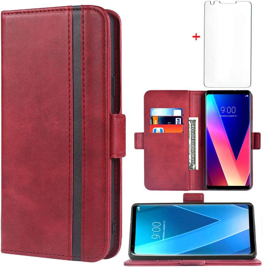 Phone Case for LG V30 Thinq V35 plus Leather Wallet Cases with Tempered Screen Protector Accessories Card Holder Full Body Flip Folio Cover LGV30 LGV35 LG30 LG35 V 30 35 V30+ V30S H931 Women Men Red  FDC   