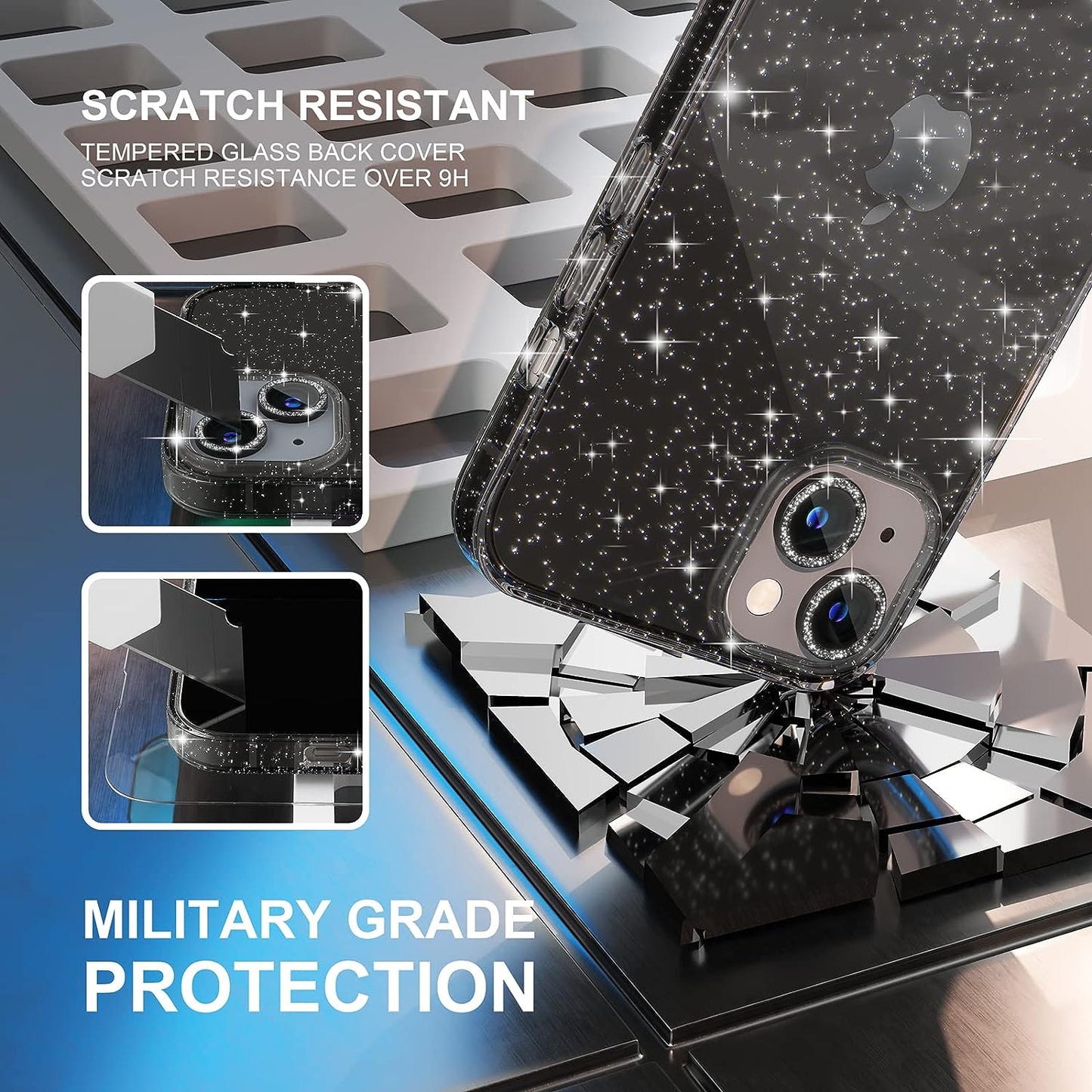 Choiche Compatible for Iphone 14 plus Case Cute, Women Clear Glitter Bling Sparkly Case, [2 X Diamond Camera Lens Protectors] [2 X Tempered Glass Screen Protectors] 6.7-Inch (Glitter Black)  Choiche   