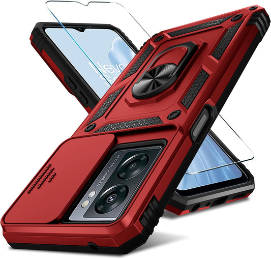 Janmitta Oneplus Nord N300 5G Case Built in Slide Camera Lens Cover and Screen Protector,Heavy Duty Shockproof Full Body Protective Phone Cover,Built in Finger Ring Stable Holder Kickstand,2022 Red  Janmitta   