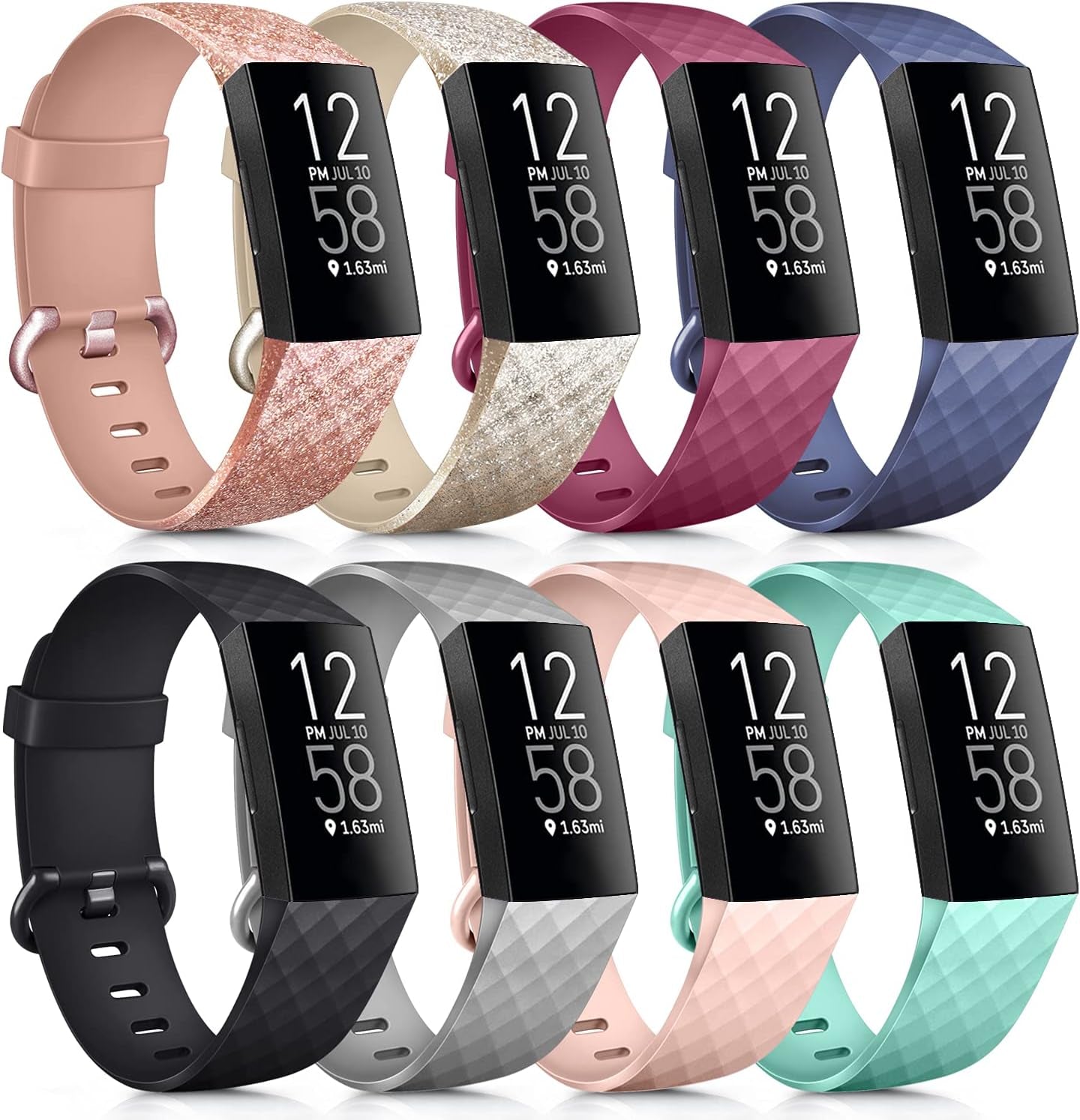 8 Pack Sport Bands Compatible with Fitbit Charge 4 Bands/Fitbit Charge 3 Bands, Classic Soft Silicone Replacement Wristbands Straps for Fitbit Charge 4 / Charge 3 / Charge 3 SE (8 Pack B, Small)  Mugust .Glistening Rose Gold/Glistening Champagne Gold/Wine Red/Navy Blue/Black/Gray/Pink/Mint Green Small 