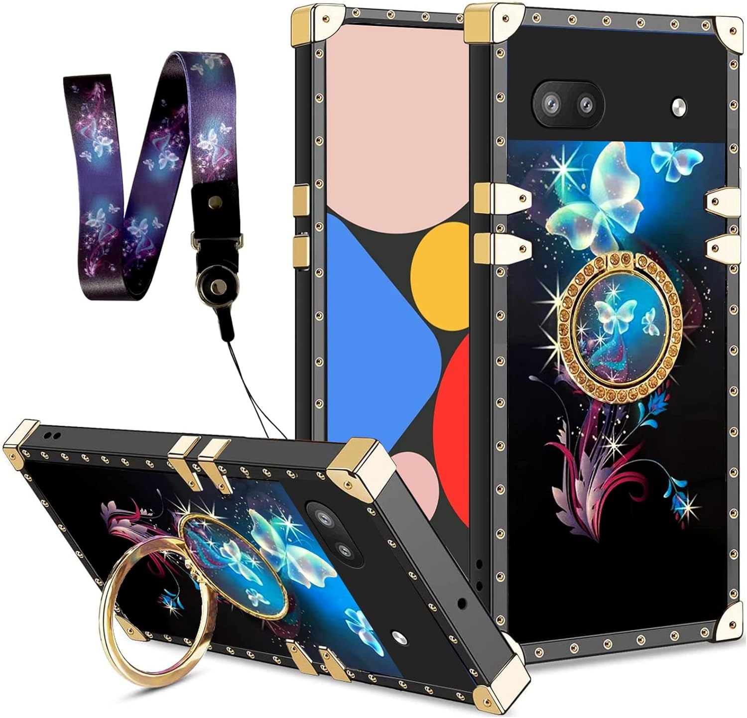 Nancheng Case for Google Pixel 6A (Not Pixel 6/6 Pro) Square Back Cover Design Colorful Petal Stars Sky with Diamond Holder Ring Strap Lanyard Shockproof Protective Phone Case for Pixel 6A - Flowers  nancheng Butterfly Darkblue  
