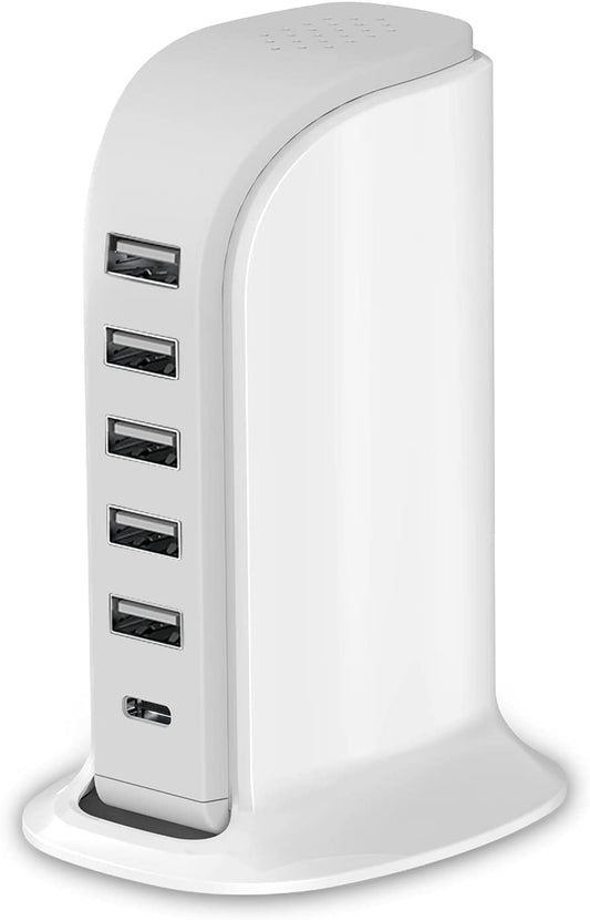 Charging Station for Multiple Devices 40W Upoy, Wall Charger Block 5 USB Ports(Shared 6A), USB Charging Hub Smart IC, Charger Tower with Type-C 3A for Iphone Ipad Tablets Smartphones, Home Office Use  Upoy   