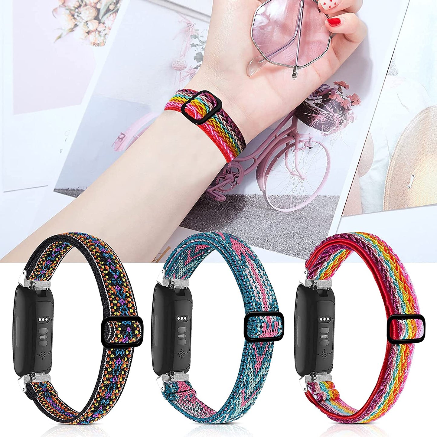 3 Pack Adjustable Fitbit Inspire 2 Bands, Compatible with Fitbit Inspire 2 / Inspire Hr/Inspire, Soft Loop Nylon Fabric Breathable Stretchy Replacement Straps for Women/Men  POHNUI   