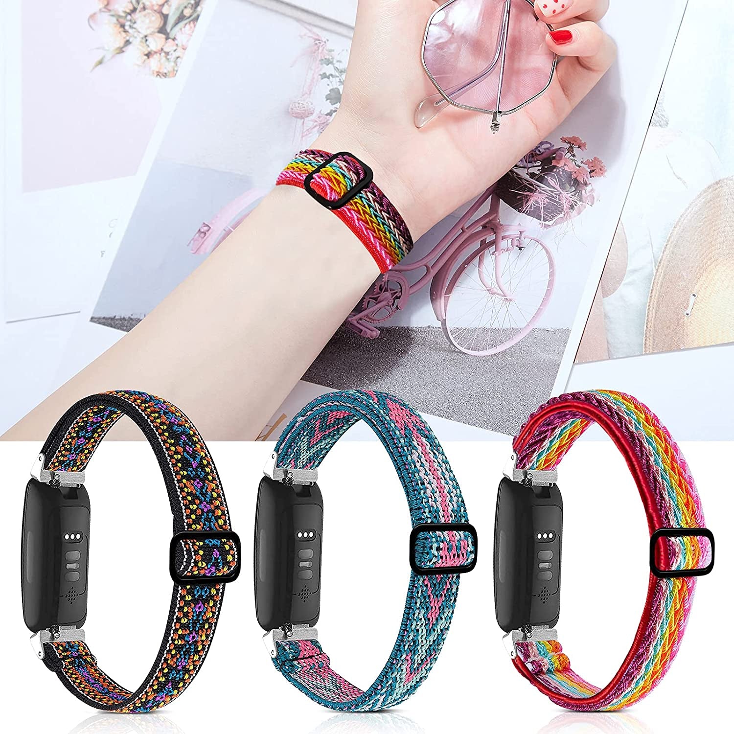 3 Pack Adjustable Fitbit Inspire 2 Bands, Compatible with Fitbit Inspire 2 / Inspire Hr/Inspire, Soft Loop Nylon Fabric Breathable Stretchy Replacement Straps for Women/Men  POHNUI   