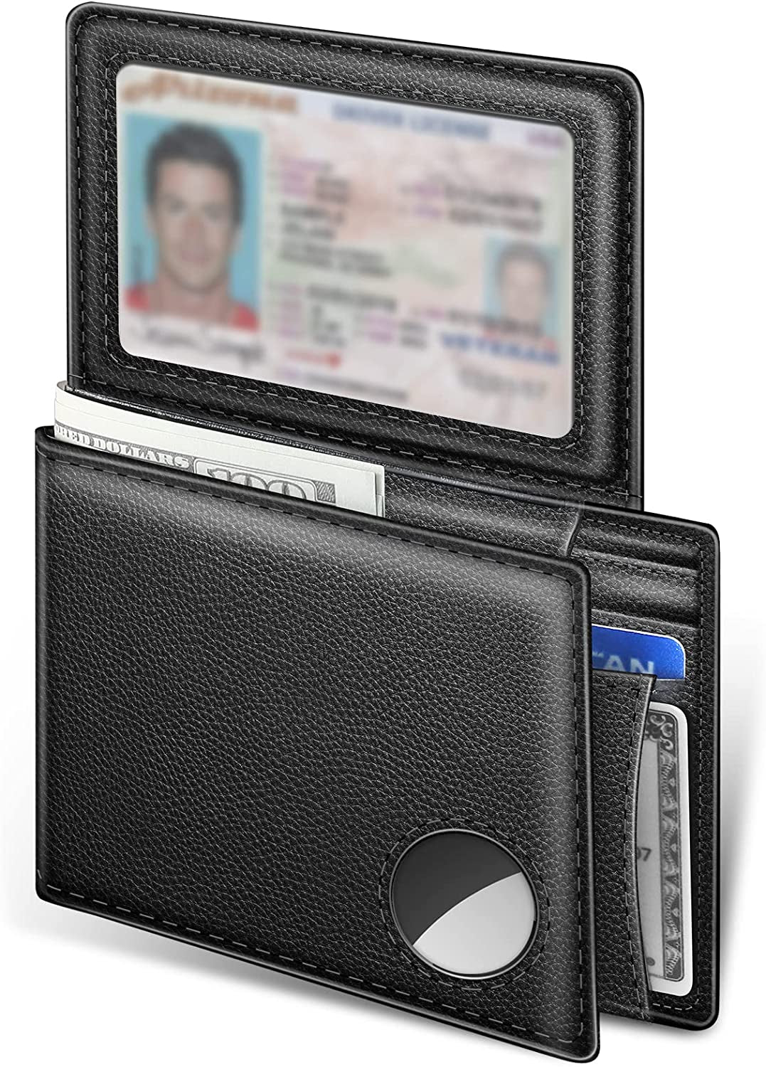 Dallson Mens Wallet for Airtag, Bifold Genuine Leather Wallet with Air Tag Holder, 2 ID Window, 10 Card Slot, RFID Blocking, Smart Wallet Compatible with Apple Airtag (Black)  Dallson   