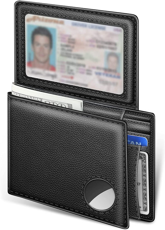Dallson Mens Wallet for Airtag, Bifold Genuine Leather Wallet with Air Tag Holder, 2 ID Window, 10 Card Slot, RFID Blocking, Smart Wallet Compatible with Apple Airtag (Black)  Dallson   