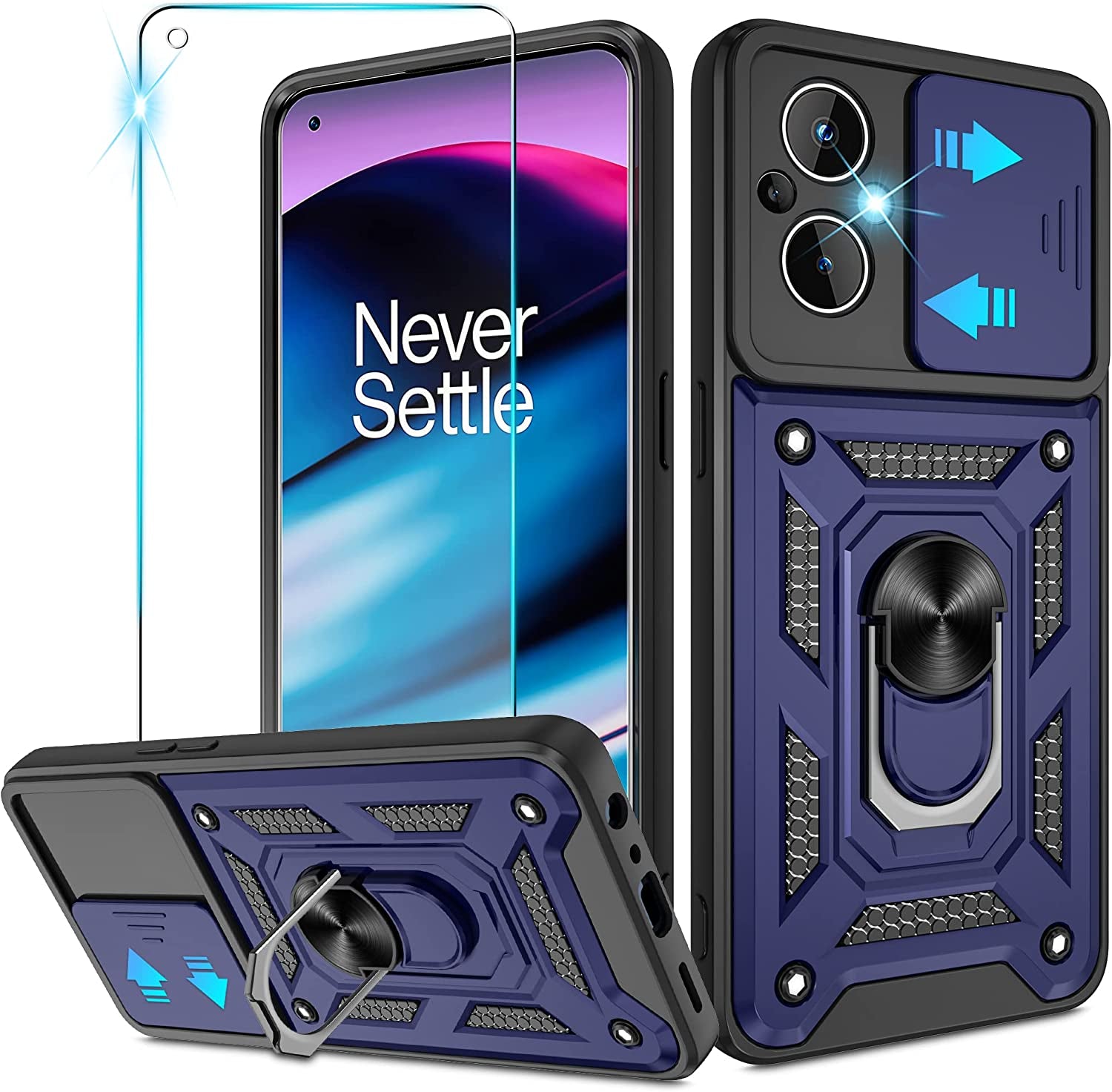 For Oneplus Nord N20 5G Case with HD Screen Protector, Heavy Duty Shockproof Protective Case with Metal Kickstand [Military Grade] Protective Case for Oneplus Nord N20 5G, Black  Atump Blue  