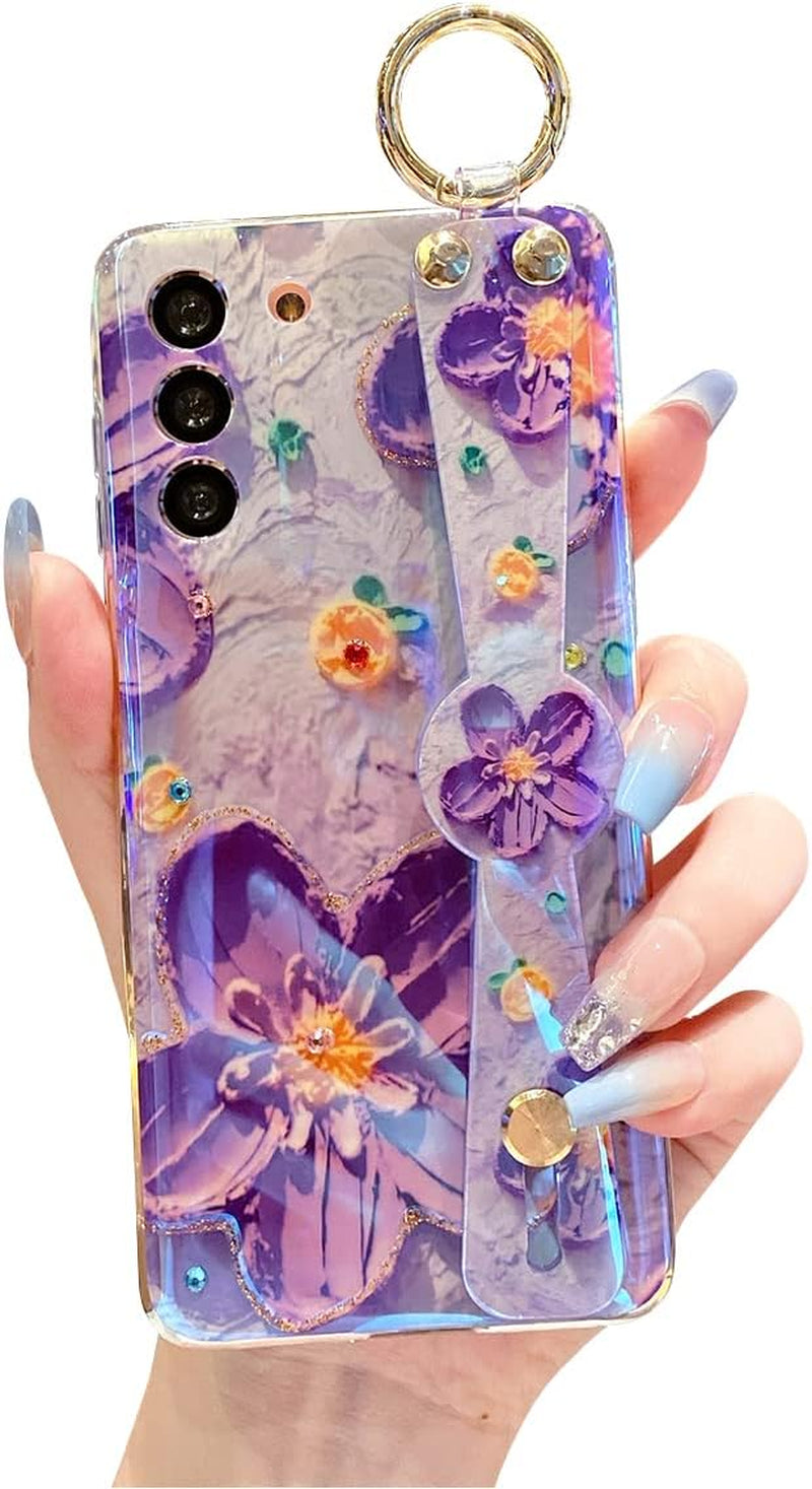 Meishangmei for Samsung Galaxy S22 plus Case 6.6" [NOT 6.1"] Sparkle Bling with Strap Stand Cute Pattern IMD Plating Silicone Shockproof Protective Glitter Cases Cover for Girls and Women - Minnie  Meishangmei Purple Flower  