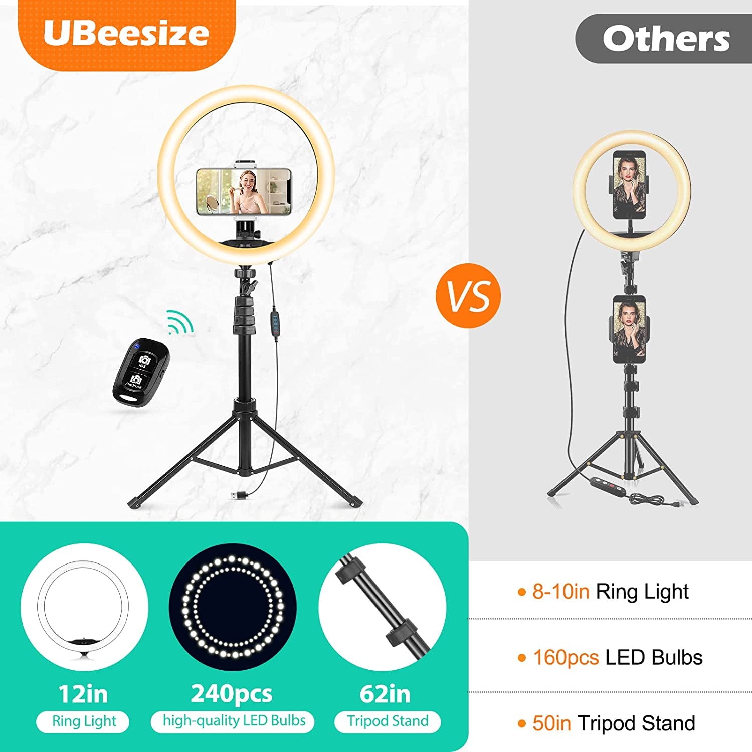 Ubeesize 12'' Ring Light with 62'' Selfie Stick Tripod, LED Ring Light with Stand and Phone Holder for Recording/Makeup/Youtube/Tik Tok, Compatible with Cell Phone, Camera  UBeesize   
