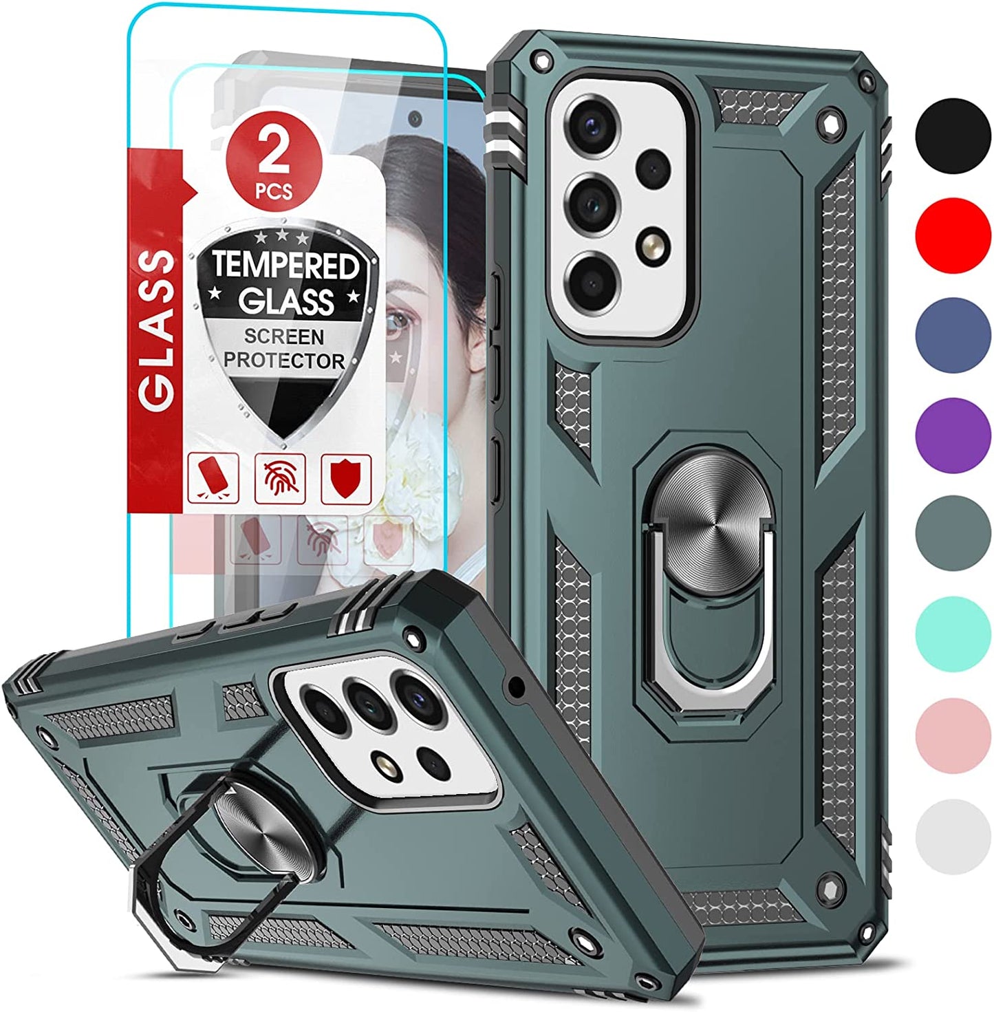 Leyi for Galaxy A53 5G Case with [2 Pack] Screen Protectors, A53 5G Case [Military-Grade] Shockproof Protective Case, Samsung Galaxy A53 Ring Kickstand Phone Cover Case for Samsung A53 5G, Black  LeYi Green  