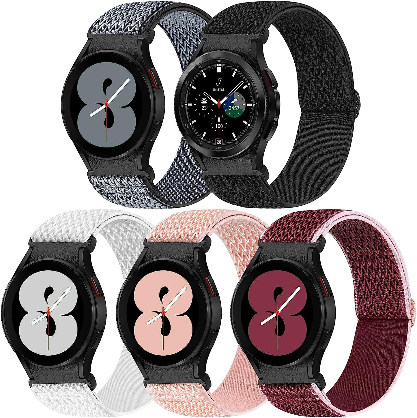 5 Pack No Gap Bands Compatible with Samsung Galaxy Watch 5 40Mm 44Mm/ Watch 5 Pro 45Mm/ Galaxy Watch 4 40Mm 44Mm/ Galaxy Watch 4 Classic 42Mm 46Mm, 20Mm Elastic Nylon Sport Band for Women Men  BeautyFurlife Pink/Grey/Black/WRed/White  