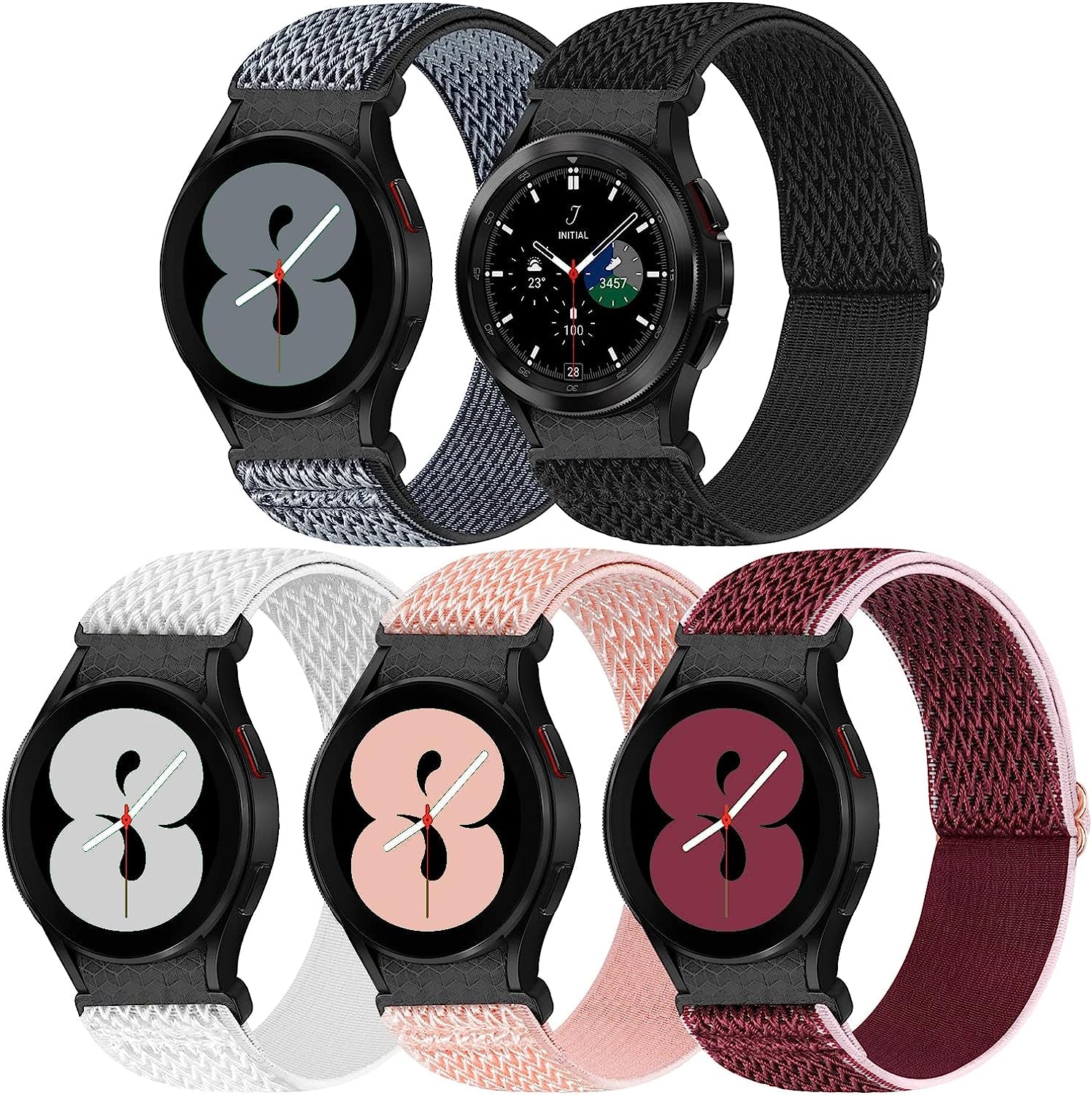 5 Pack No Gap Bands Compatible with Samsung Galaxy Watch 5 40Mm 44Mm/ Watch 5 Pro 45Mm/ Galaxy Watch 4 40Mm 44Mm/ Galaxy Watch 4 Classic 42Mm 46Mm, 20Mm Elastic Nylon Sport Band for Women Men  BeautyFurlife Pink/Grey/Black/WRed/White  