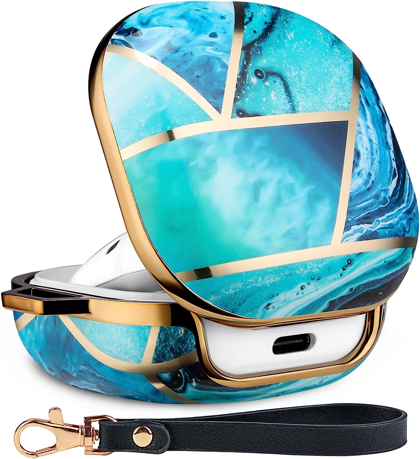 YOMPLOW Case Compatible with Samsung Galaxy Buds Live/Buds Pro - 2021 Hard Carrying Case Protective Wireless Charging Cover Skin with Keychain for Women&Girls (Purple Gold Marble)  Hansont Inc Blue Gold Marble  