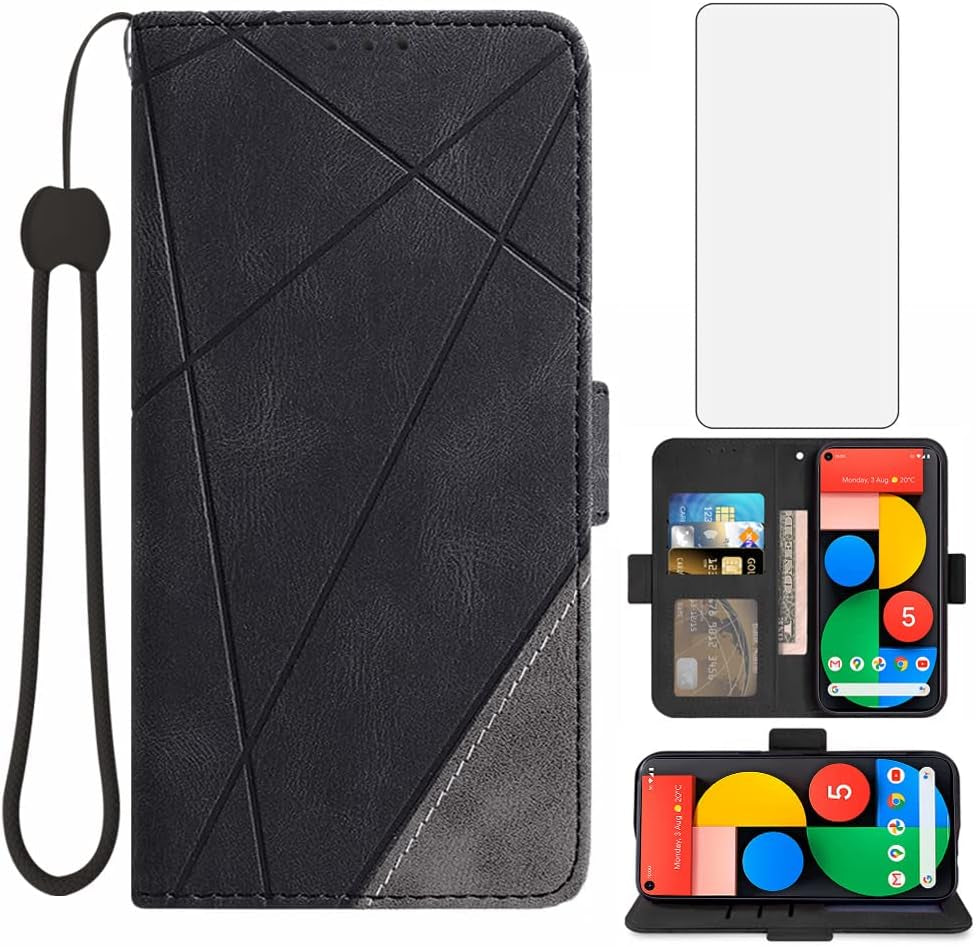 Asuwish Compatible with Google Pixel 5 Wallet Case and Tempered Glass Screen Protector Leather TPU Flip Cover Card Holder Stand Cell Accessories Phone Cases for Pixel5 5G Pixle Five G5 Women Men Blue  Asuwish Black For Pixel 5 / Pixel 5 5G 