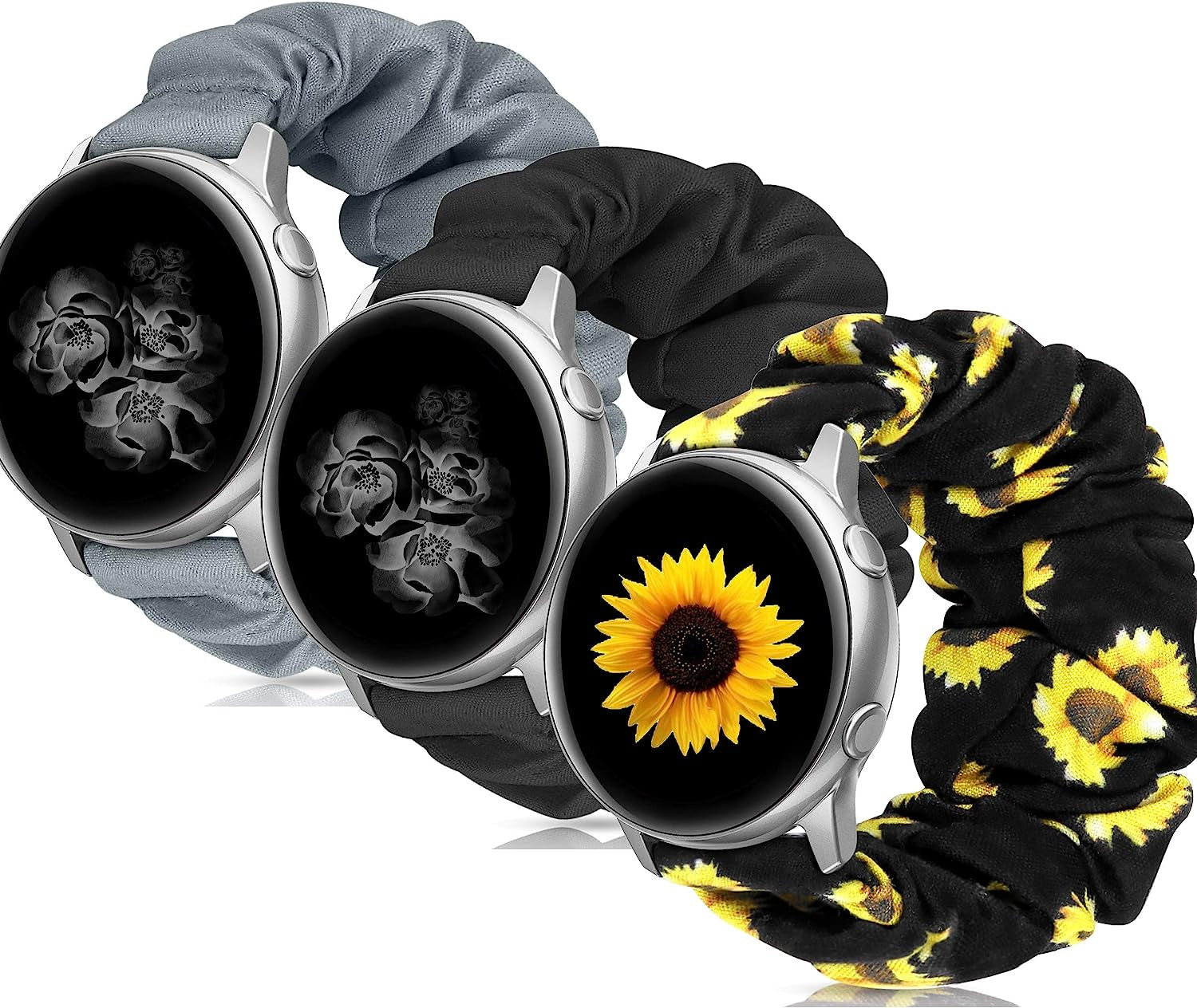 20Mm 22Mm Scrunchies Watch Bands, Cute Elastic Replacement Bands for Women with Quick Release Bar, Fabric Band for Samsung Galaxy Watch 4 5 Pro Galaxy Active, Active 2 40Mm 44Mm Watch Smartwatch Bla-S  ZSMJ R-Black+Grey+Sunflower Small 