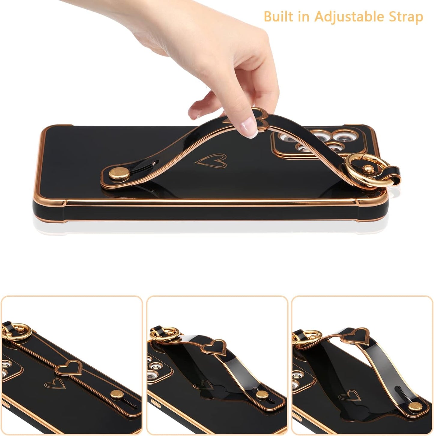 ZTOFERA Samsung Galaxy A53 5G Case with Kickstand,Luxury Cute Plating Edge Love Hearts Pattern Wrist Strap Finger Holder for Girls Women,Soft Shockproof Cover for Galaxy A53 6.5",Black  ZTOFERA   