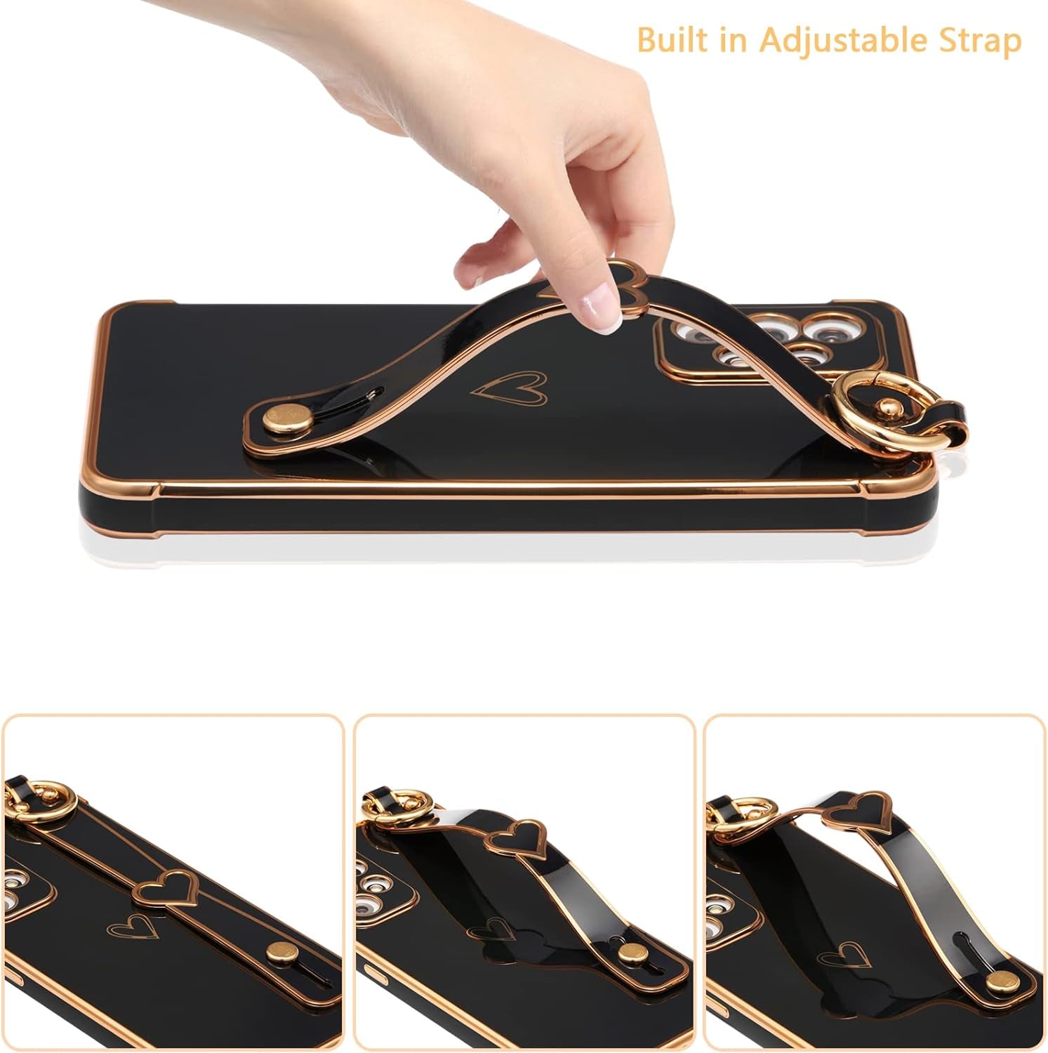 ZTOFERA Samsung Galaxy A53 5G Case with Kickstand,Luxury Cute Plating Edge Love Hearts Pattern Wrist Strap Finger Holder for Girls Women,Soft Shockproof Cover for Galaxy A53 6.5",Black  ZTOFERA   