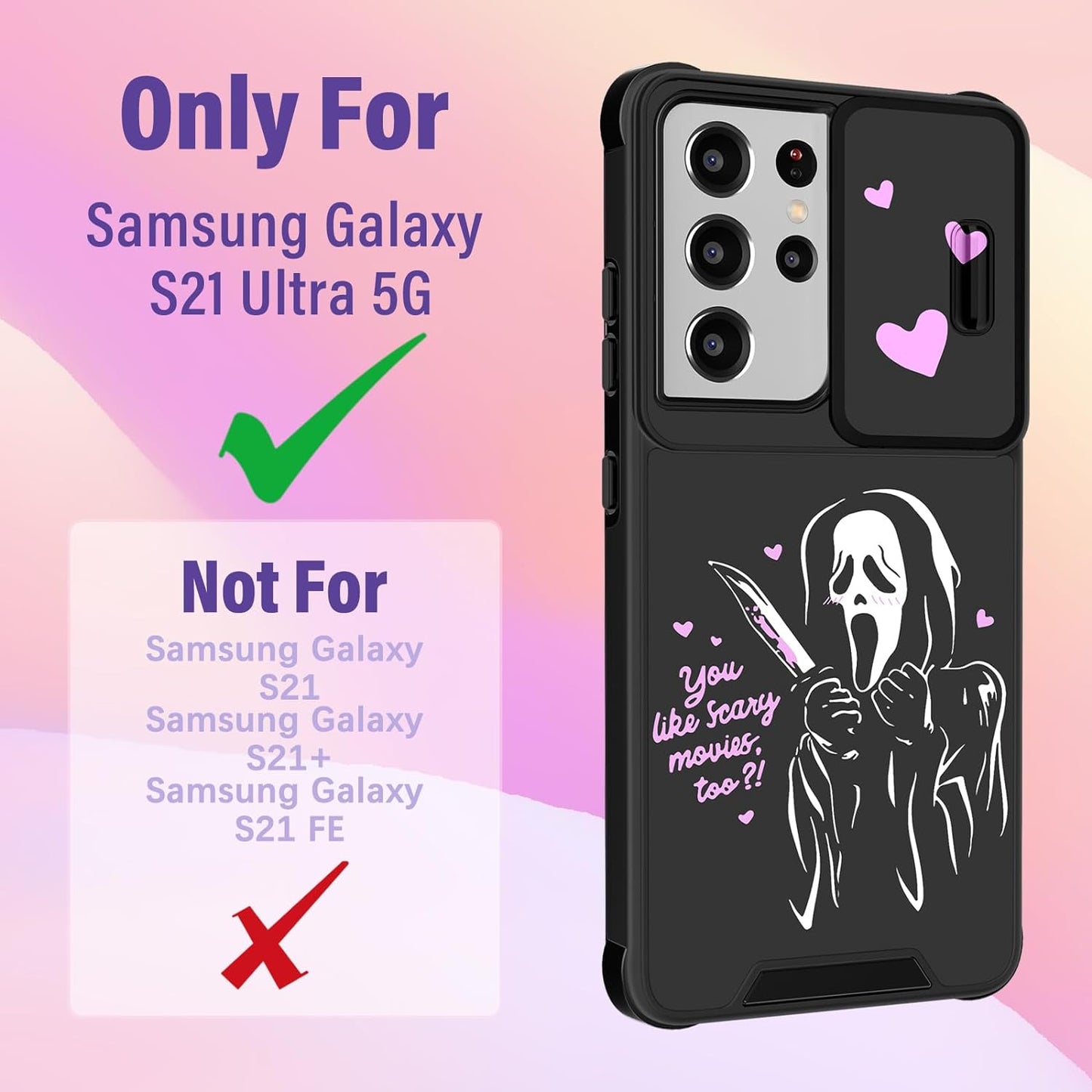 Oqpa for Samsung Galaxy S21 Ultra Case Cute Cartoon S21 Ultra 5G Case for Women Girly Girl Kawaii Funny Unique Cases with Camera Cover+Ring Holder for Galaxy S21 Ultra, Heart Skull  meitong2020   