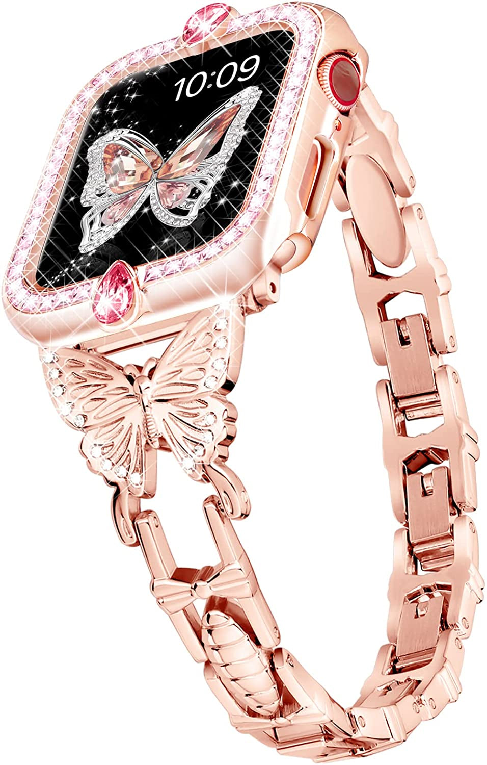 Wipalor Compatible with Apple Watch Band 42Mm 44Mm 45Mm 49Mm, Lightweight for Women, Easy Adjustable Bracelet, Shiny Diamond on Butterfly, Jewelry Metal Strap for Iwatch Series 8 7 6 5 4 3 2 1 SE Ultra(Rose Gold)  NB-tech Company Upscale Red Bling Case&Rose Gold Band Case+Band 40mm 